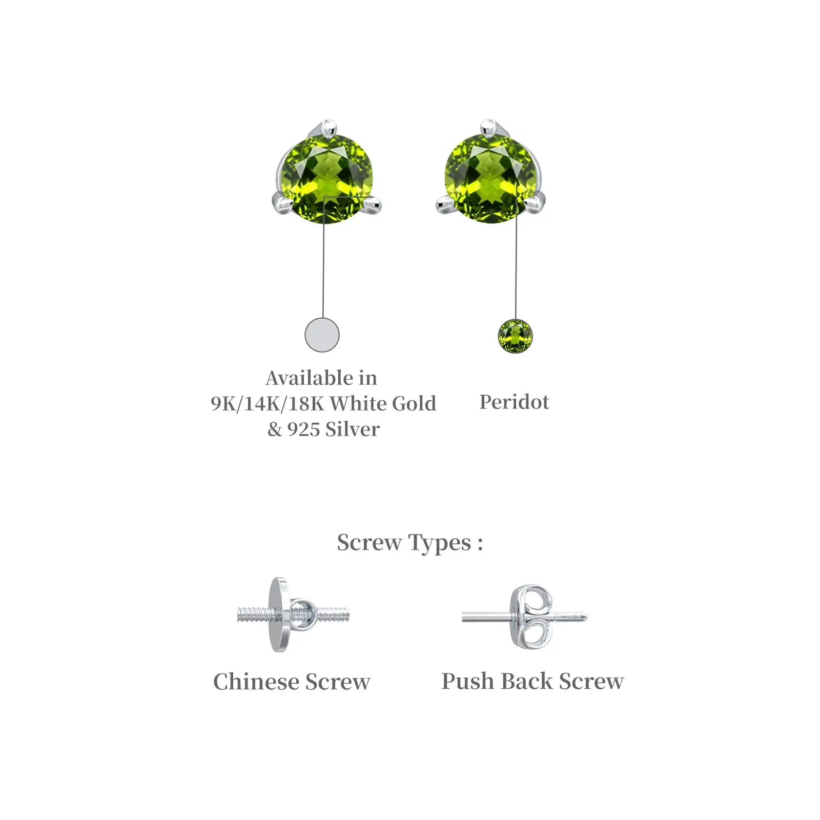 White gold descriptive image of august birthstone peridot earrings for women