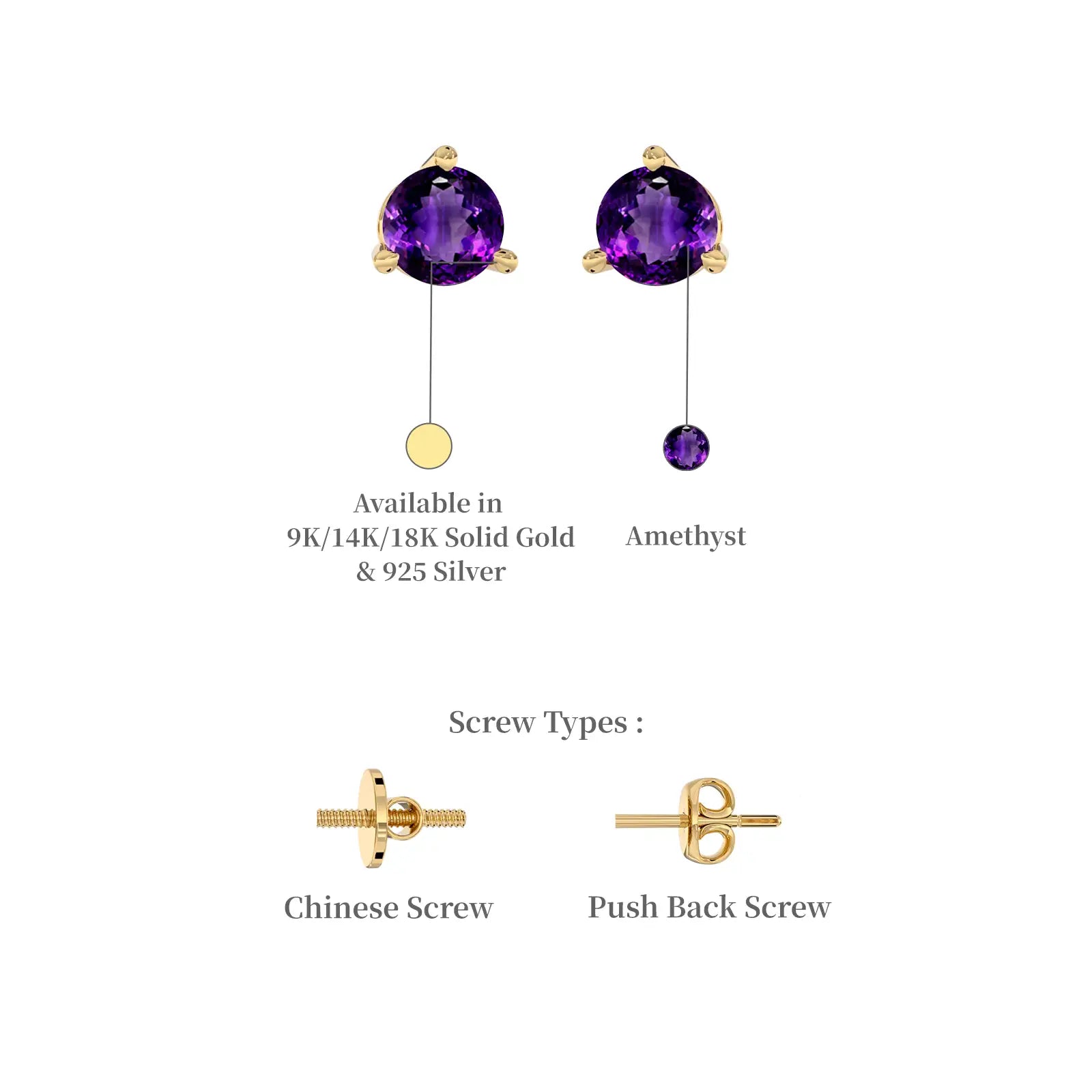 Yellow gold descriptive image of fortune february birthstone amethyst earrings