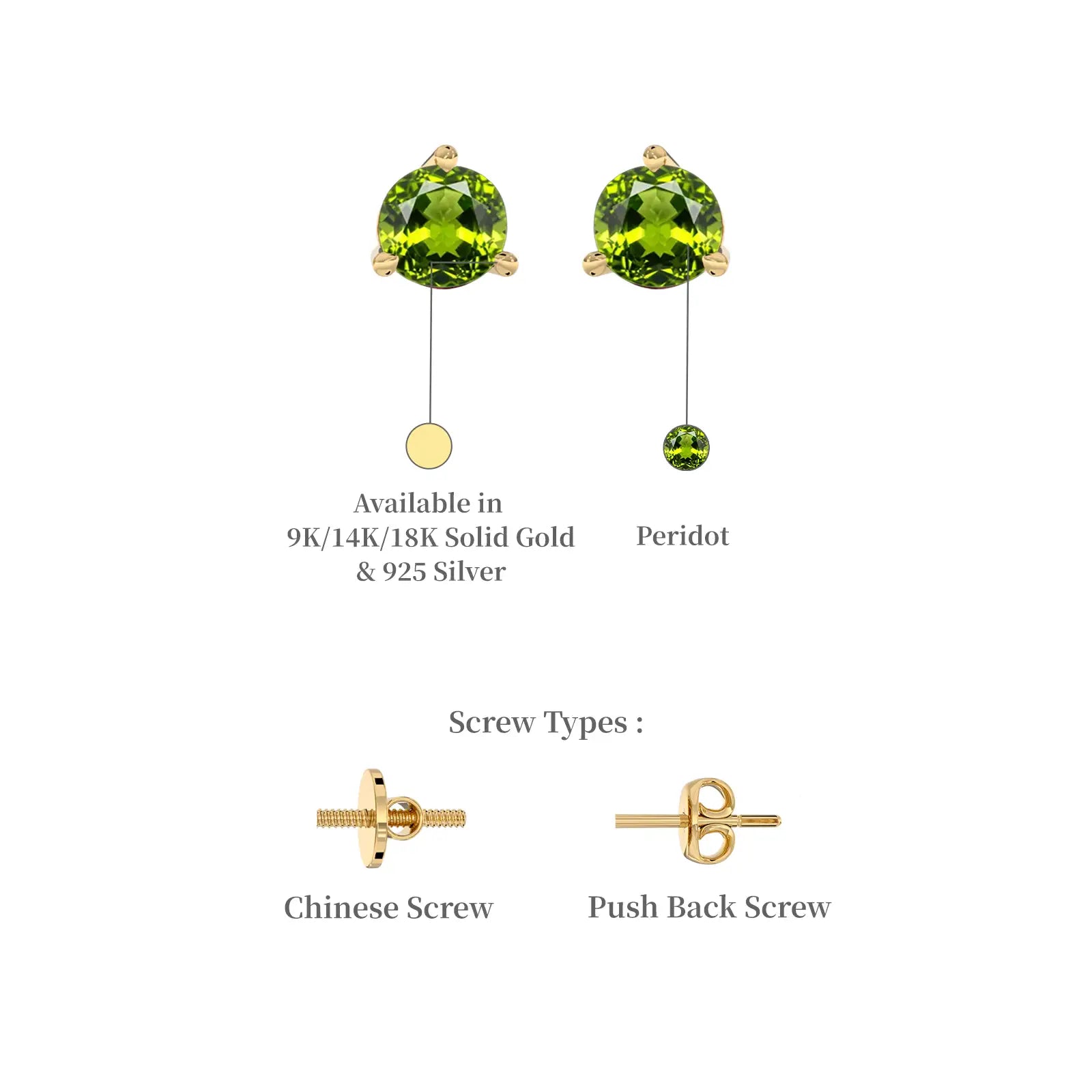 Yellow gold descriptive image of august birthstone peridot earrings for women