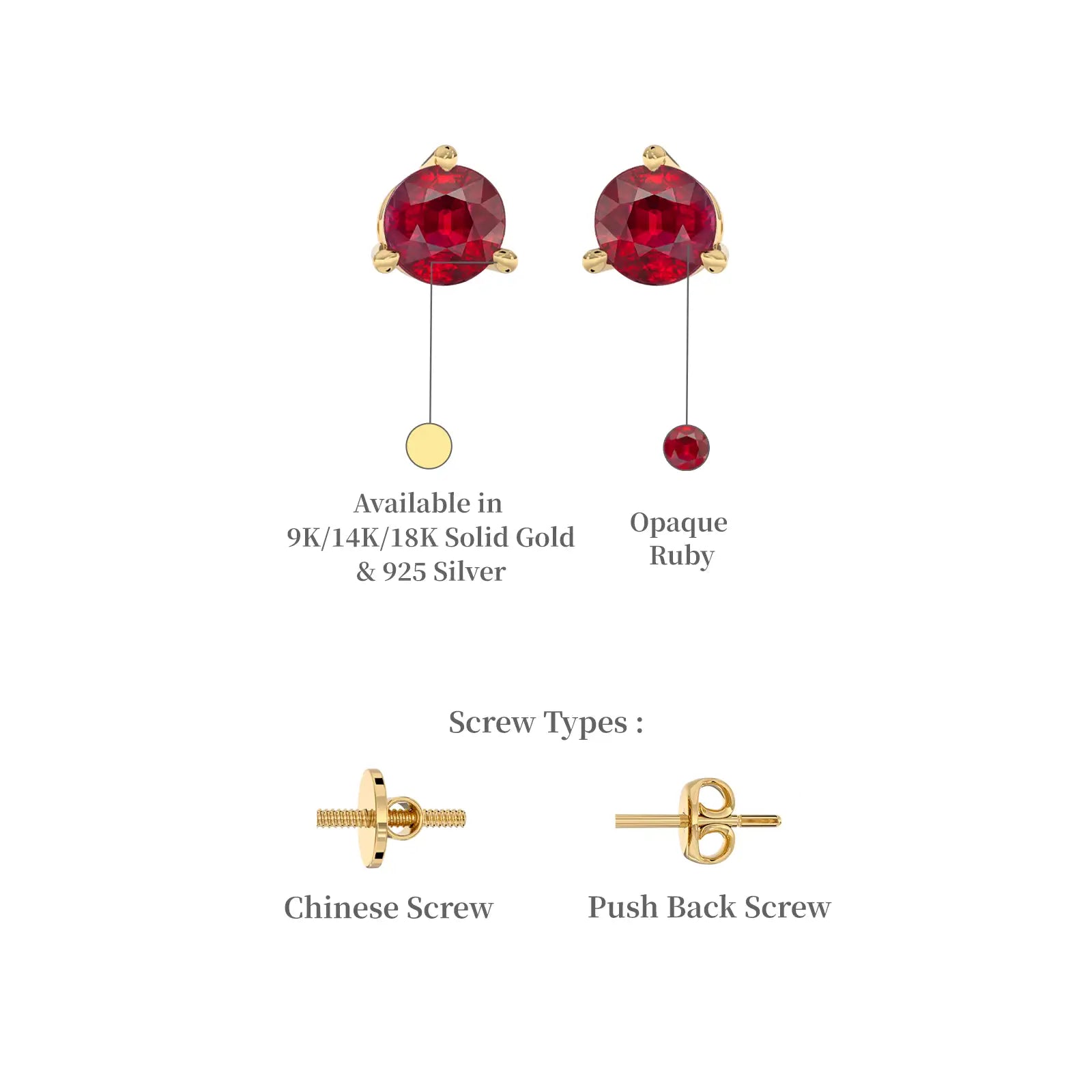 Yellow gold descriptive image of july birthstone opaque ruby earrings for women