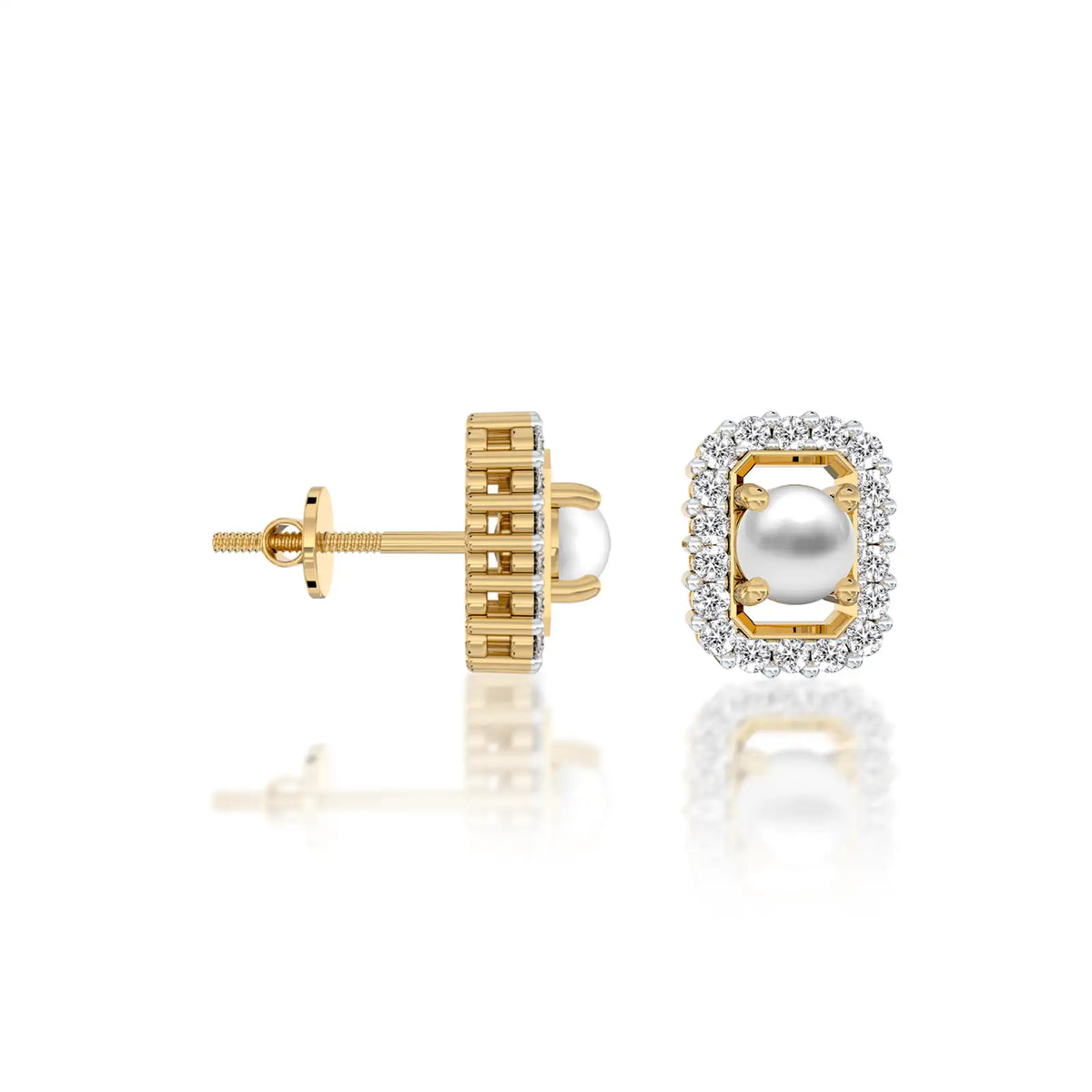 Yellow gold june birthstone pearl earrings with diamonds for women