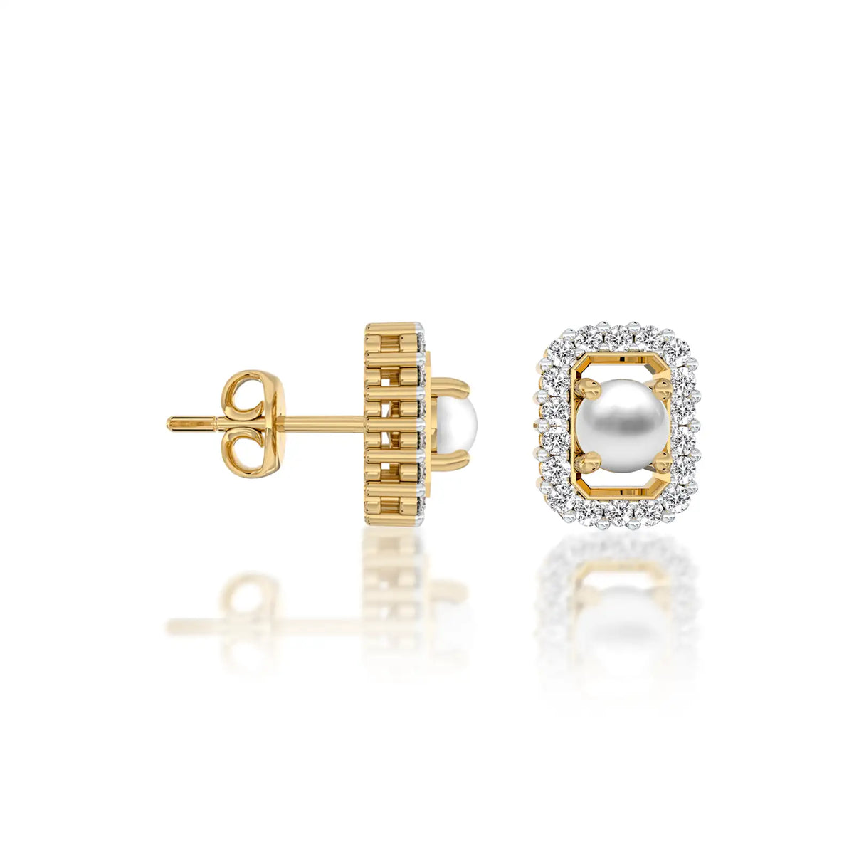 Trendy yellow gold june birthstone pearl earrings with diamonds