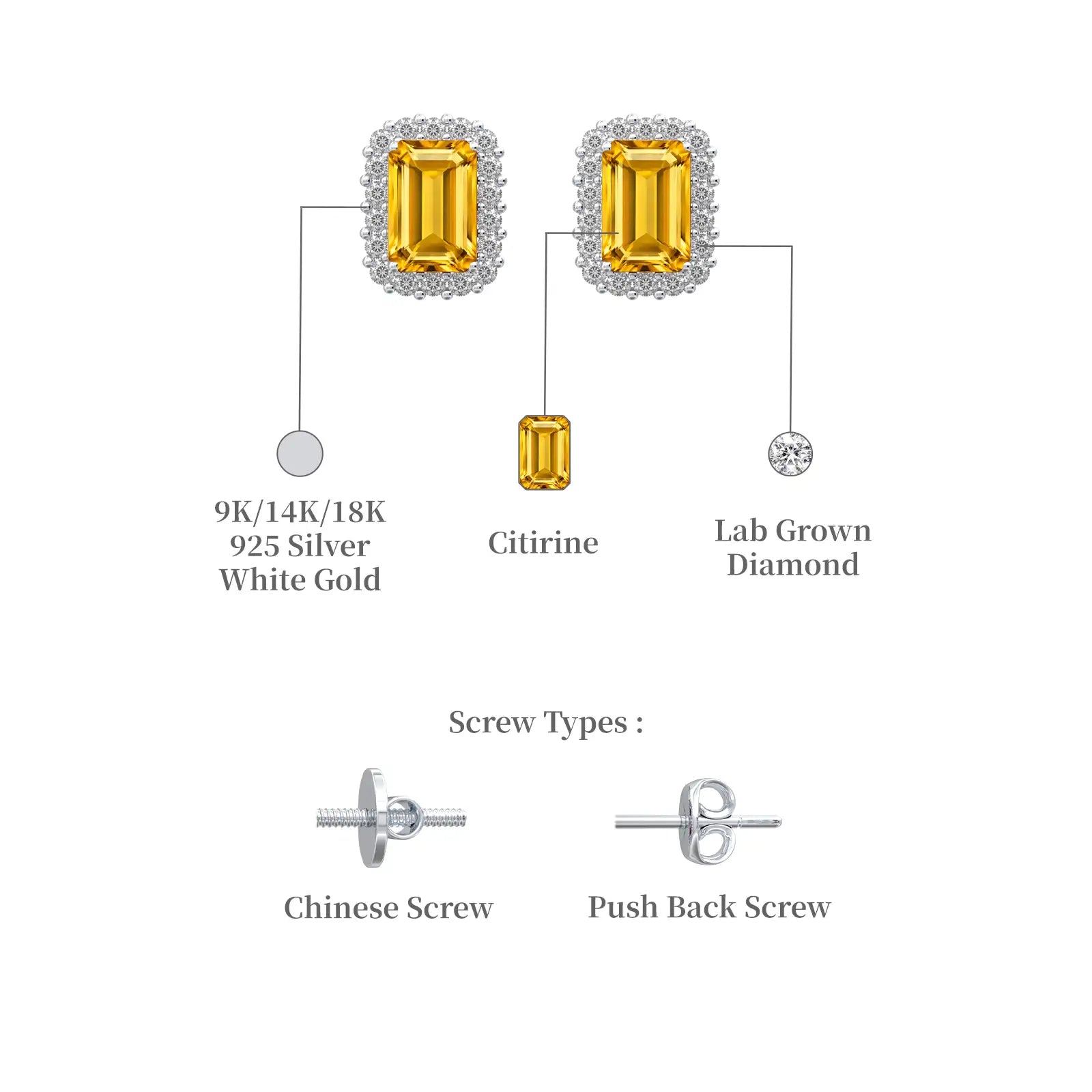 White gold descriptive details of november birthstone citrine earrings with diamonds