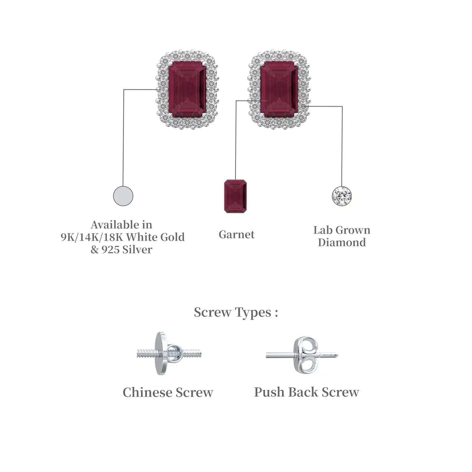 January birthstone garnet & lab-grown diamond earrings in white gold & 925 silver with Chinese and push-back screw options