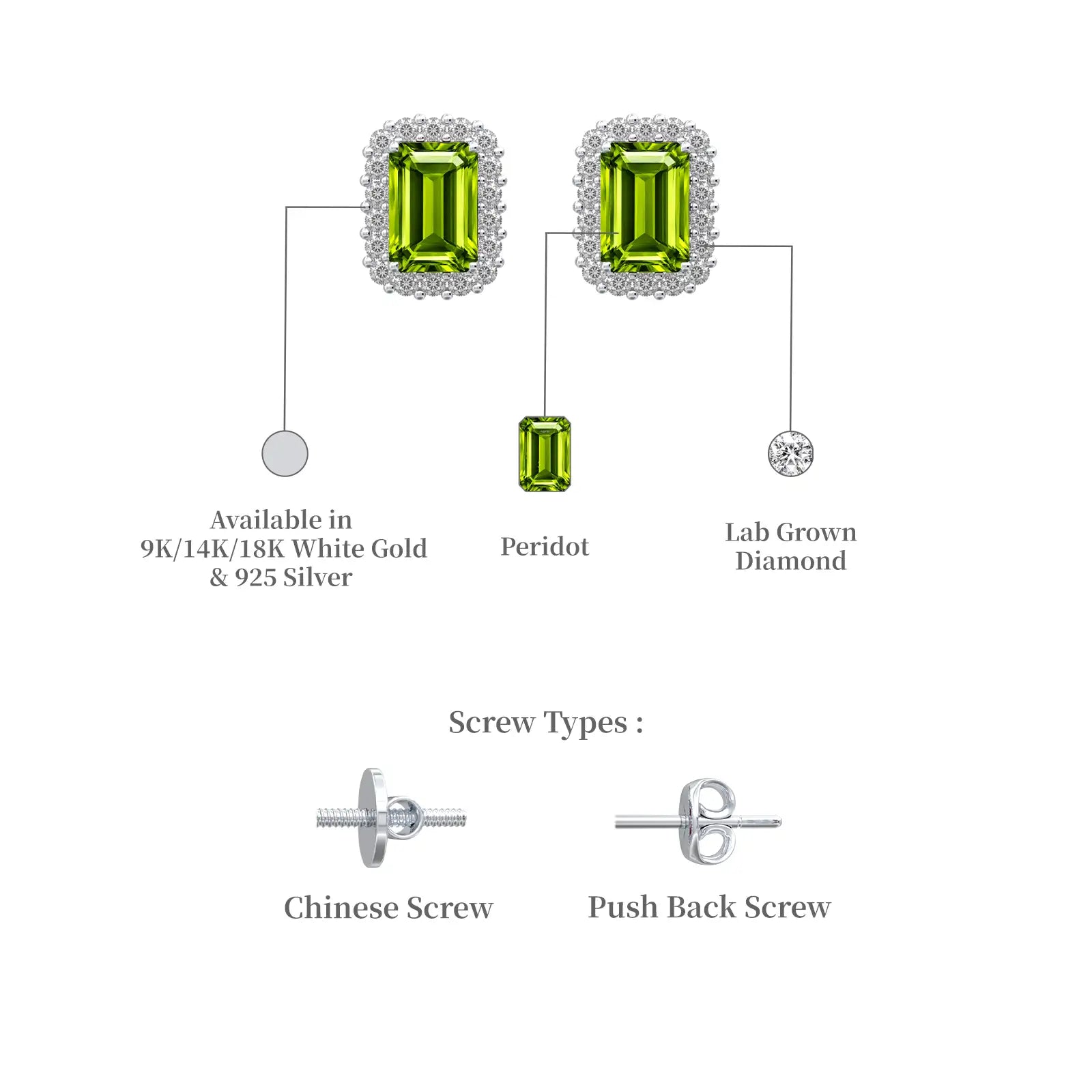 Descriptive details of trendy white gold august birthstone peridot earrings with diamonds 