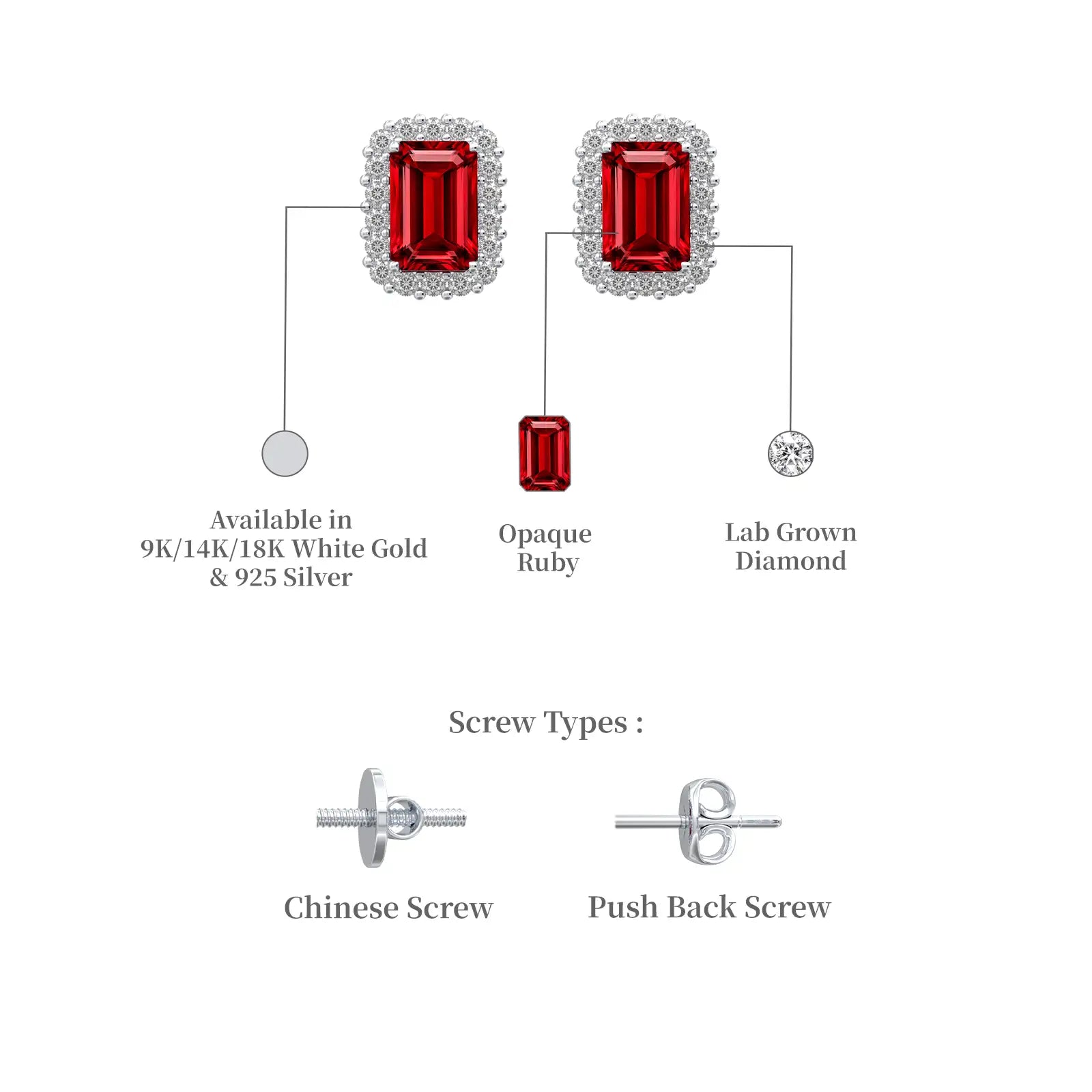 White gold descriptive details of unique july birthstone opaque ruby earrings with diamonds