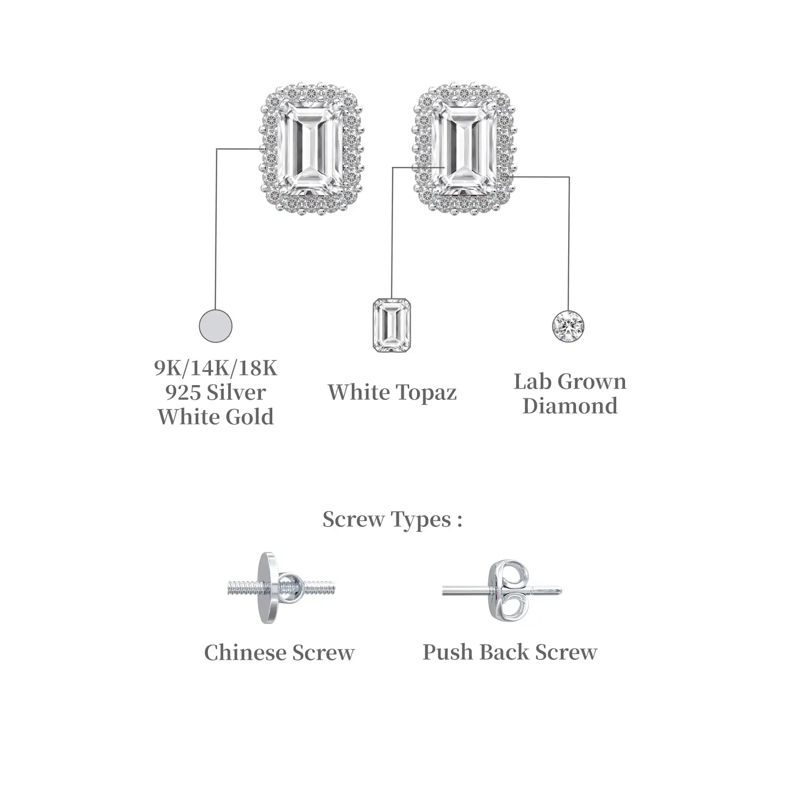 White gold april birthstone white topaz earrings with diamonds descriptive image 