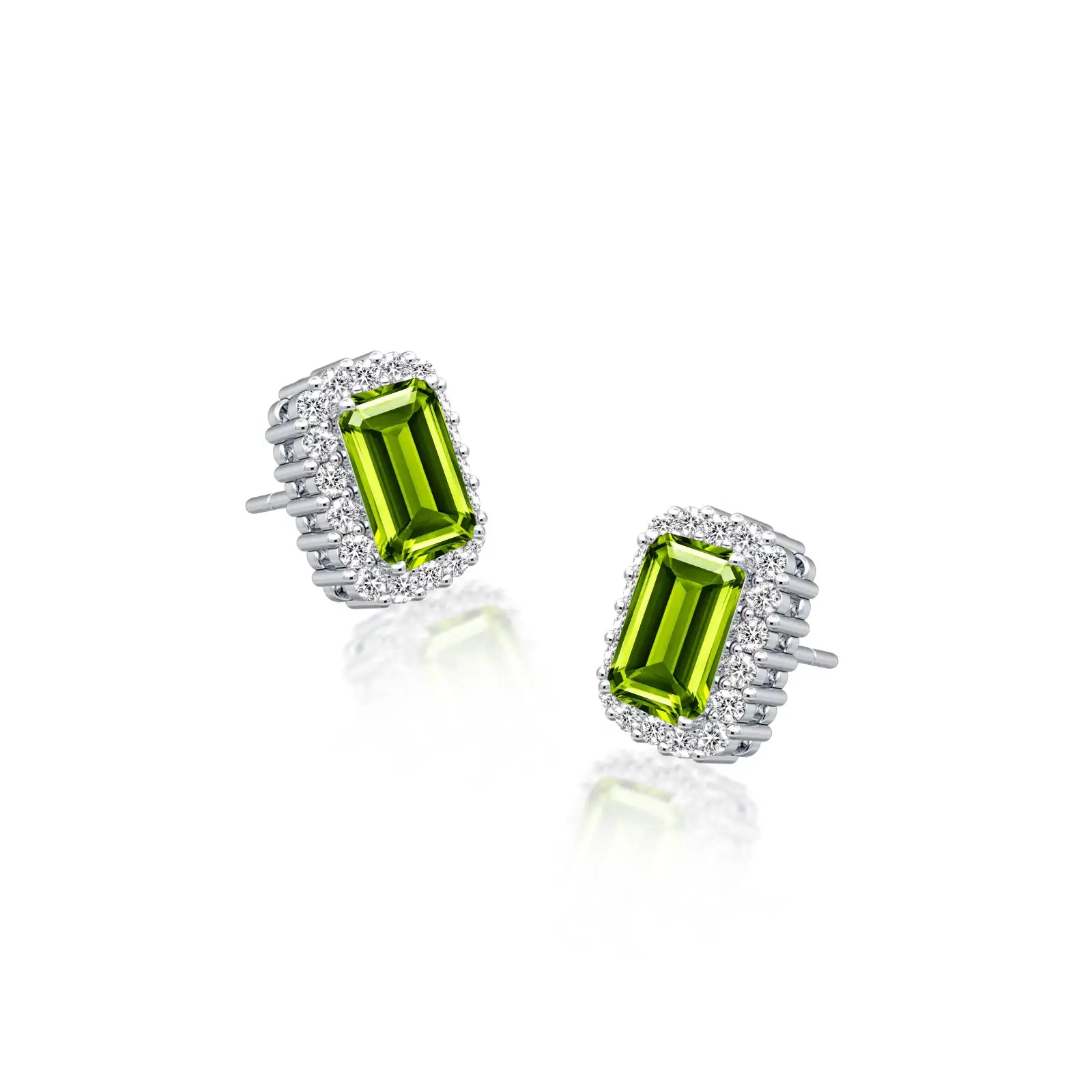 White gold august birthstone peridot earrings with diamonds