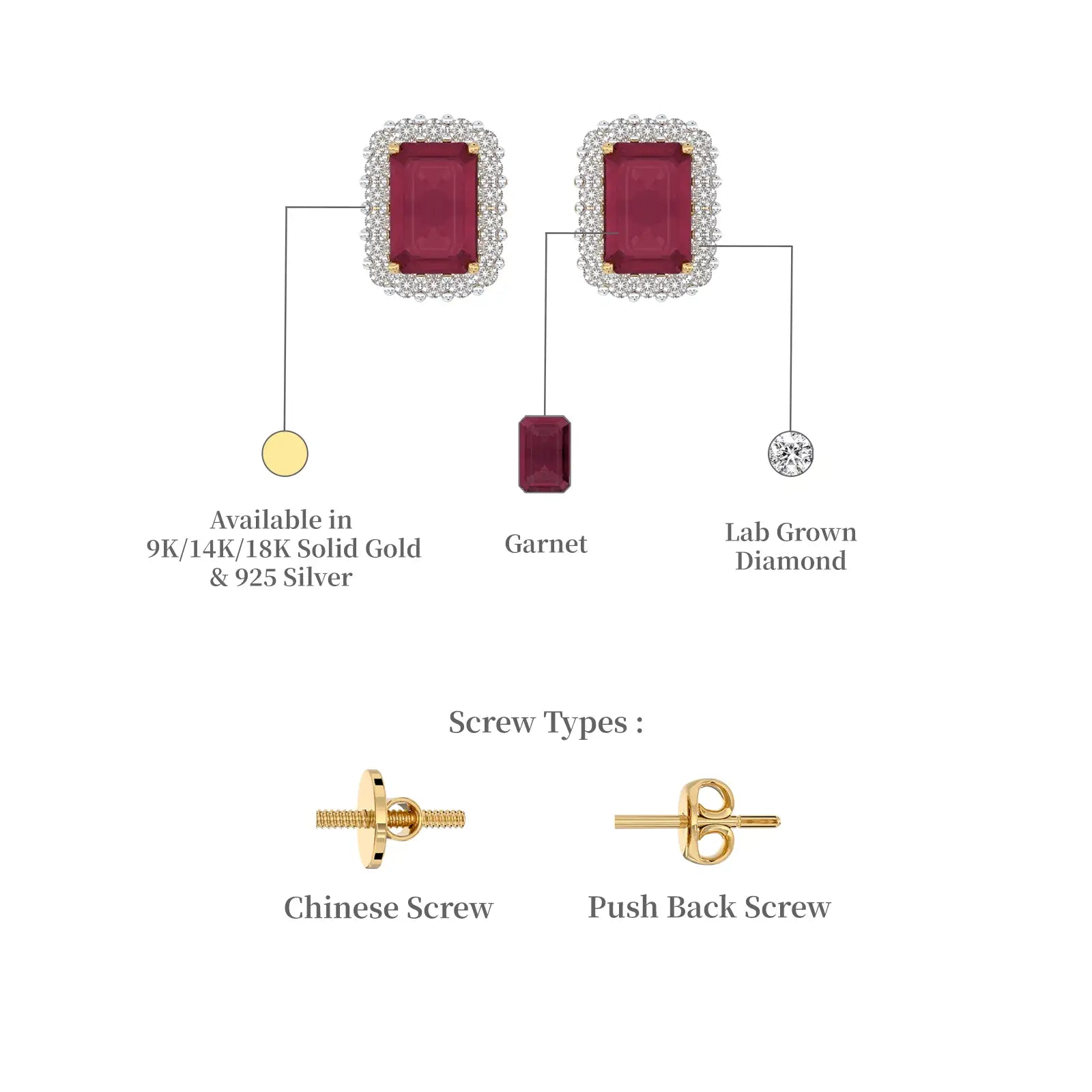 January birthstone emerald-cut garnet and lab-grown diamond earrings in 9K, 14K, 18K gold and 925 silver with Chinese and push-back screw options