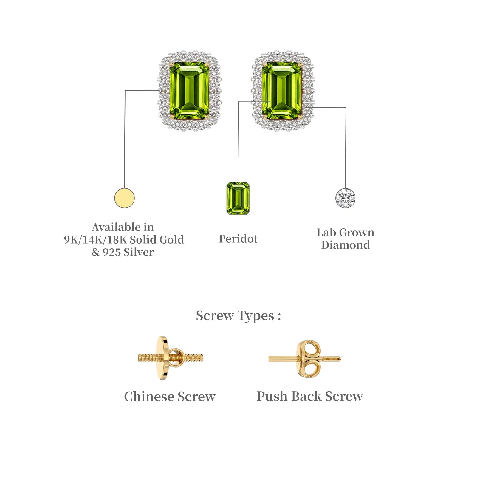 Dimension details of yellow gold august birthstone peridot earrings with diamonds 