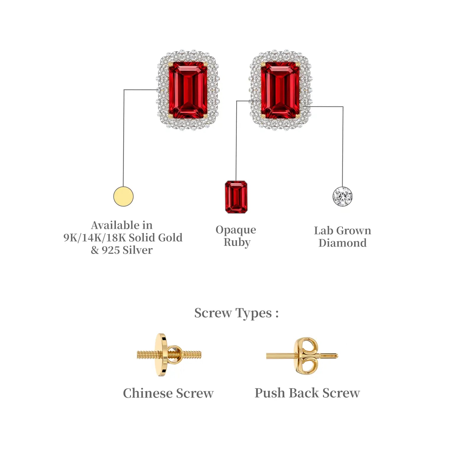 Yellow gold descriptive details of unique july birthstone opaque ruby earrings with diamonds