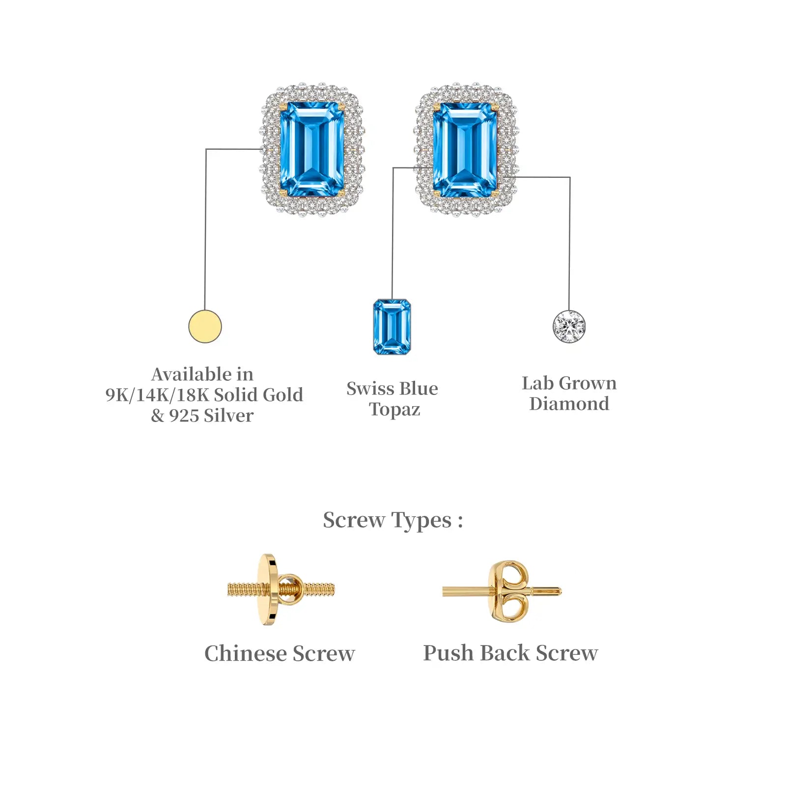 March birthstone, Swiss blue topaz & diamond earrings in gold & 925 silver with Chinese and push-back screw options