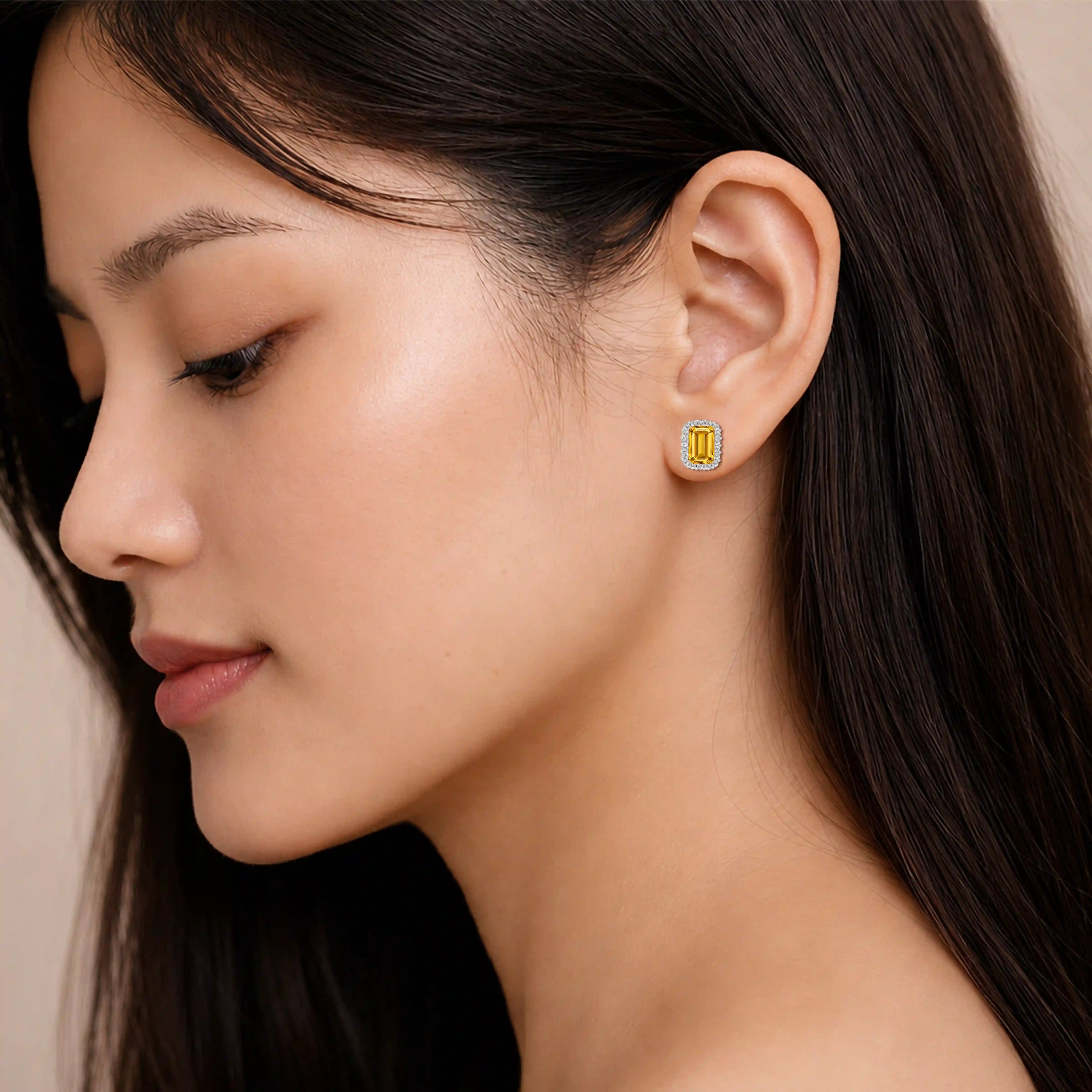 Model image of yellow gold november birthstone citrine earrings with diamonds