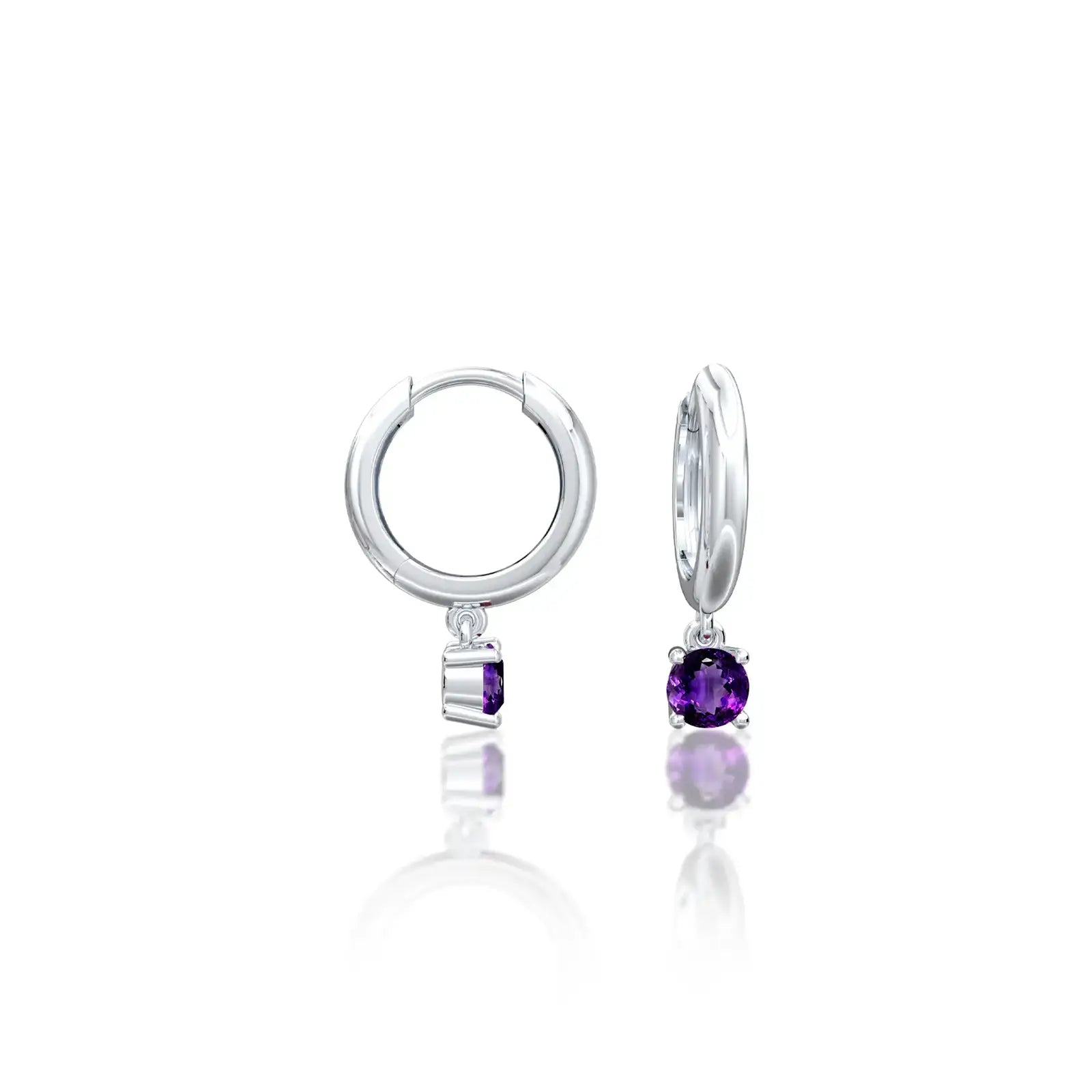 Trendy white gold february birthstone hoops with amethyst drops 8.50 mm