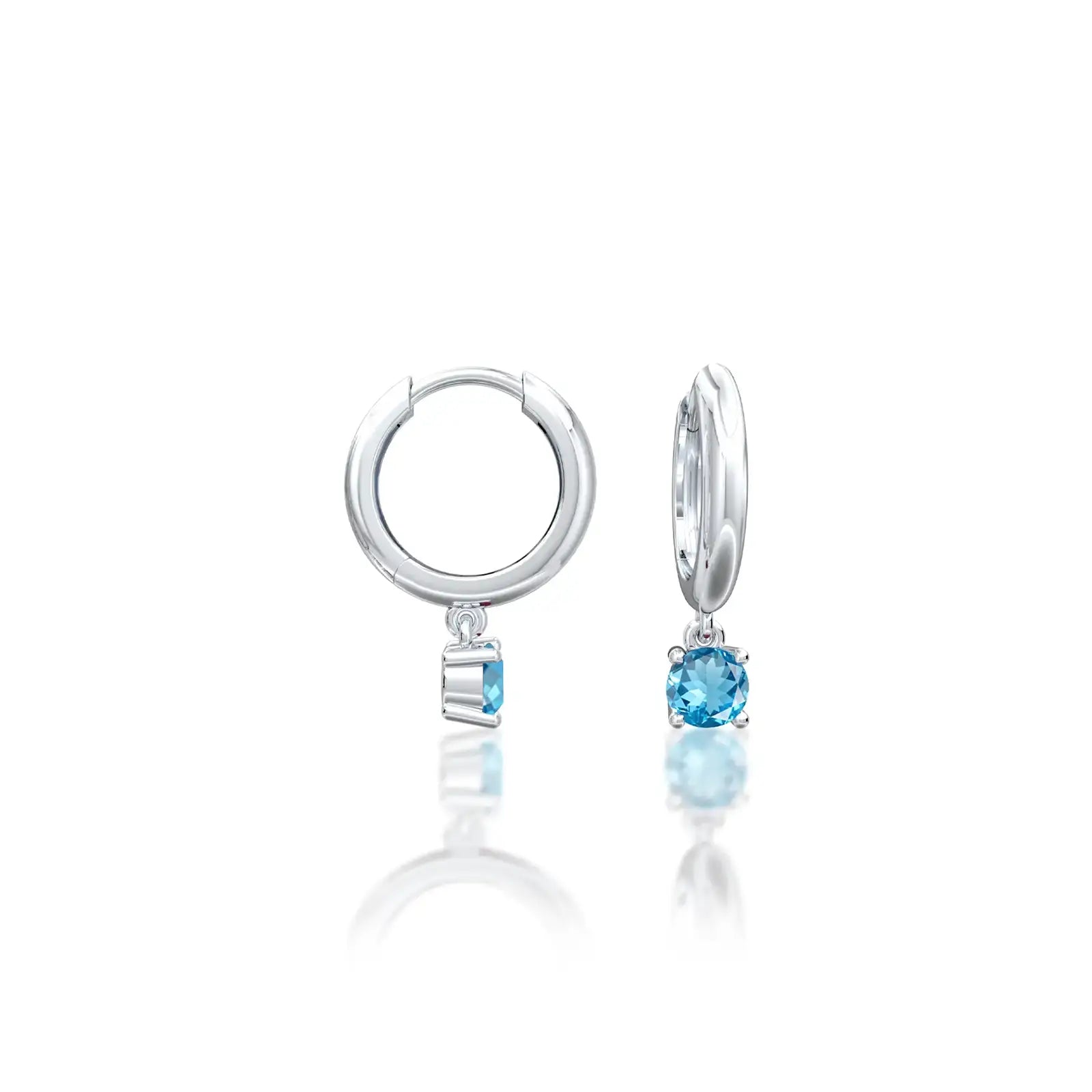 Unique white gold March birthstone hoops with Swiss blue topaz drops 8.50 mm