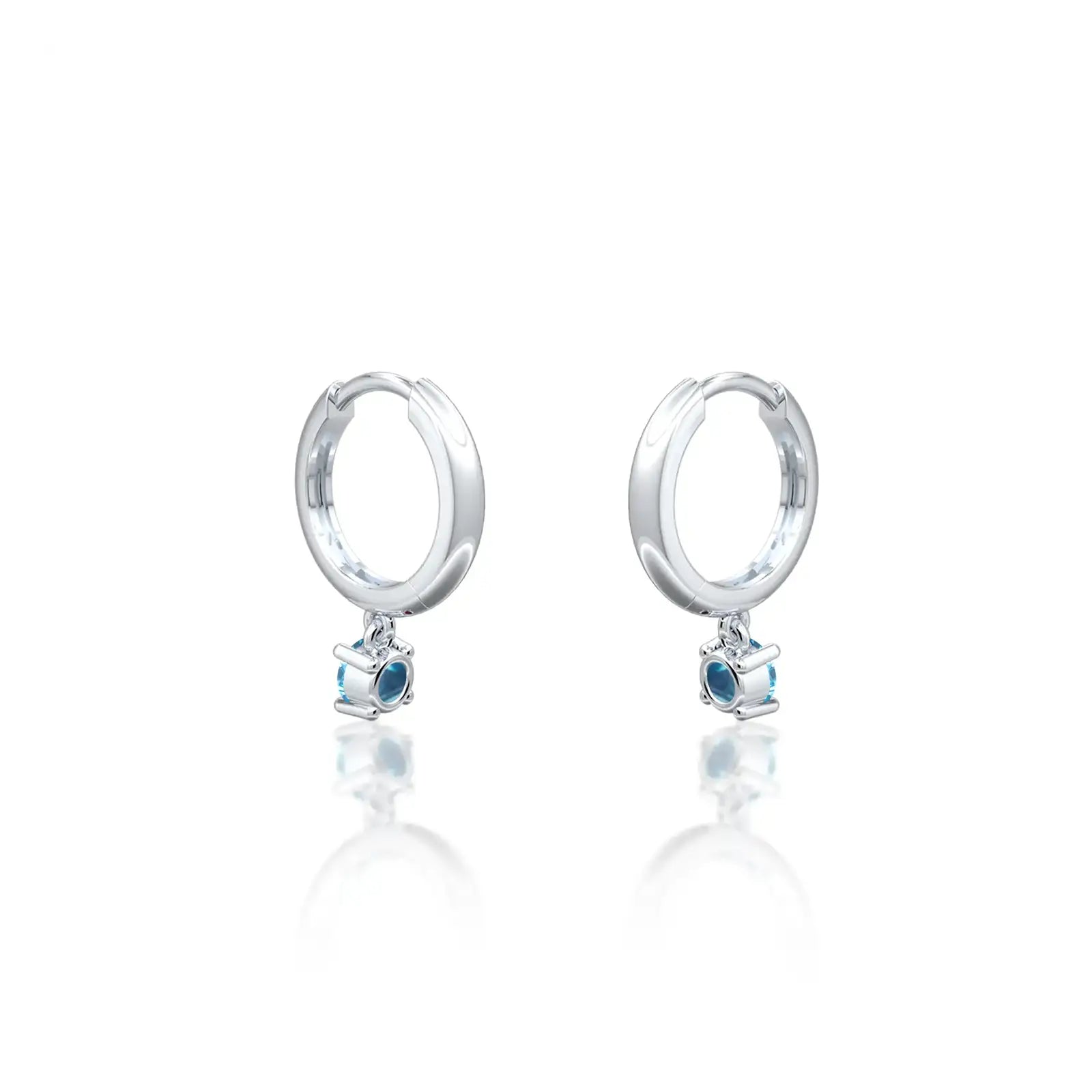 Trendy white gold march birthstone hoops with swiss blue topaz drops 8.50 mm
