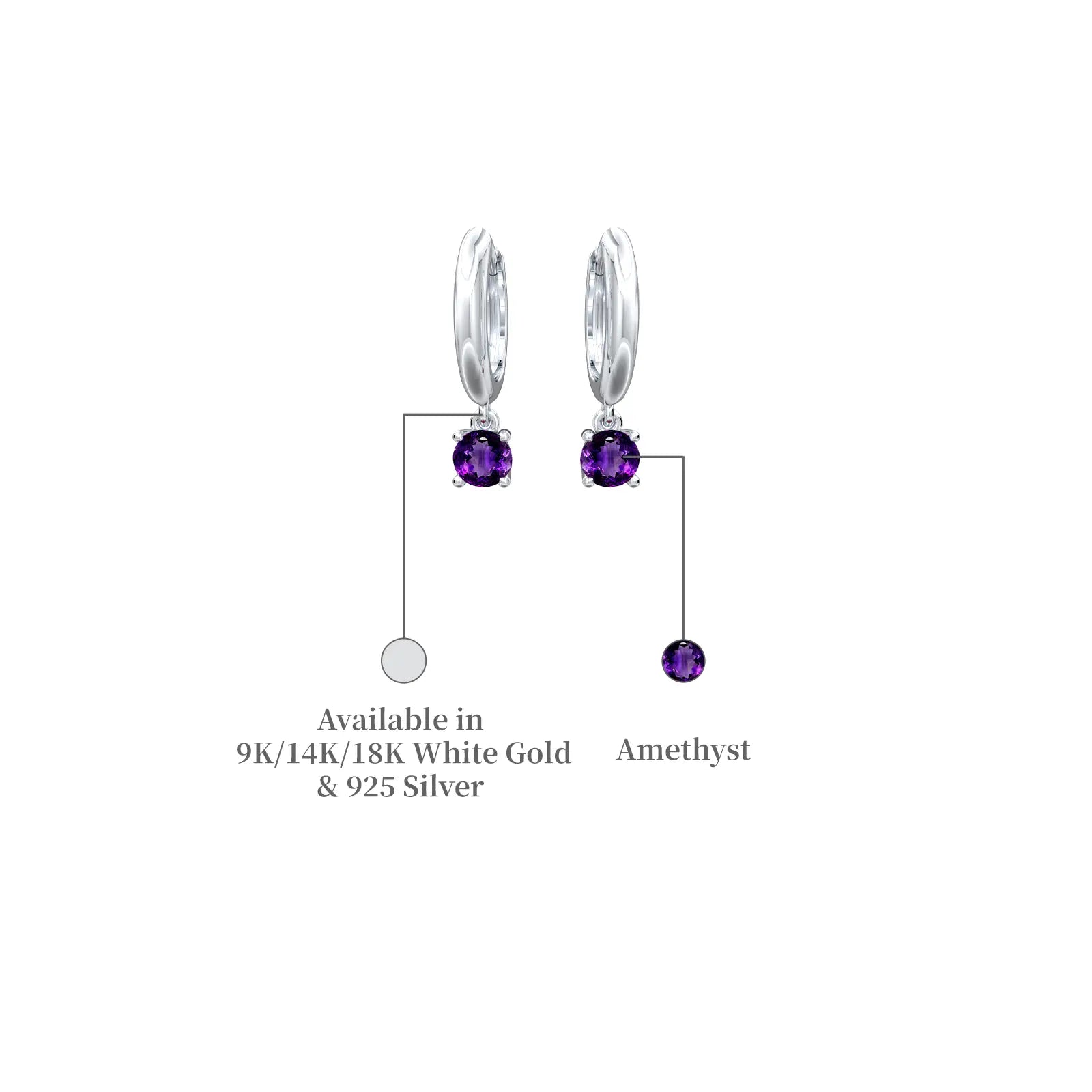 White gold descriptive image of february birthstone hoops with amethyst drops  