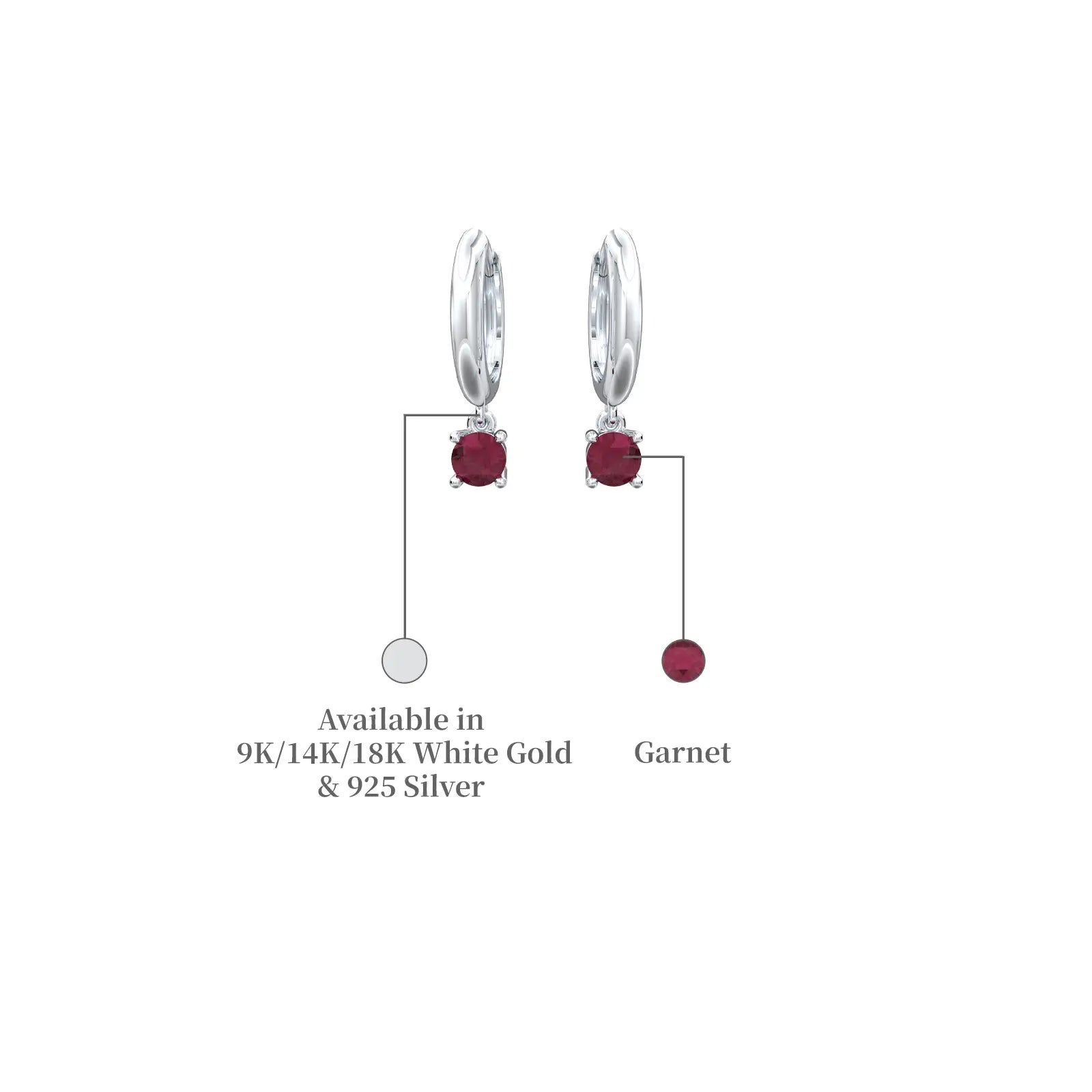 White gold descriptive image of january birthstone hoops with garnet drops 