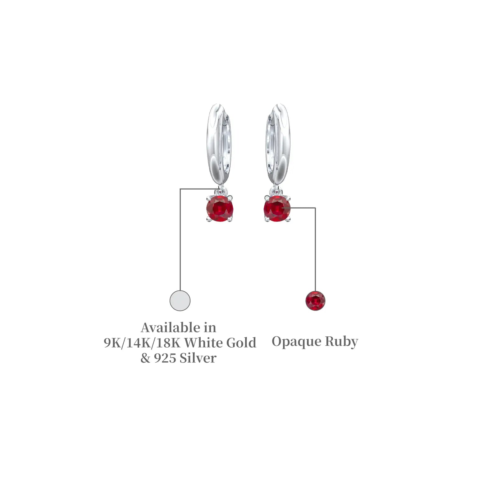 Gold/Silver metal details of July birthstone earrings hoops with opaque ruby drops