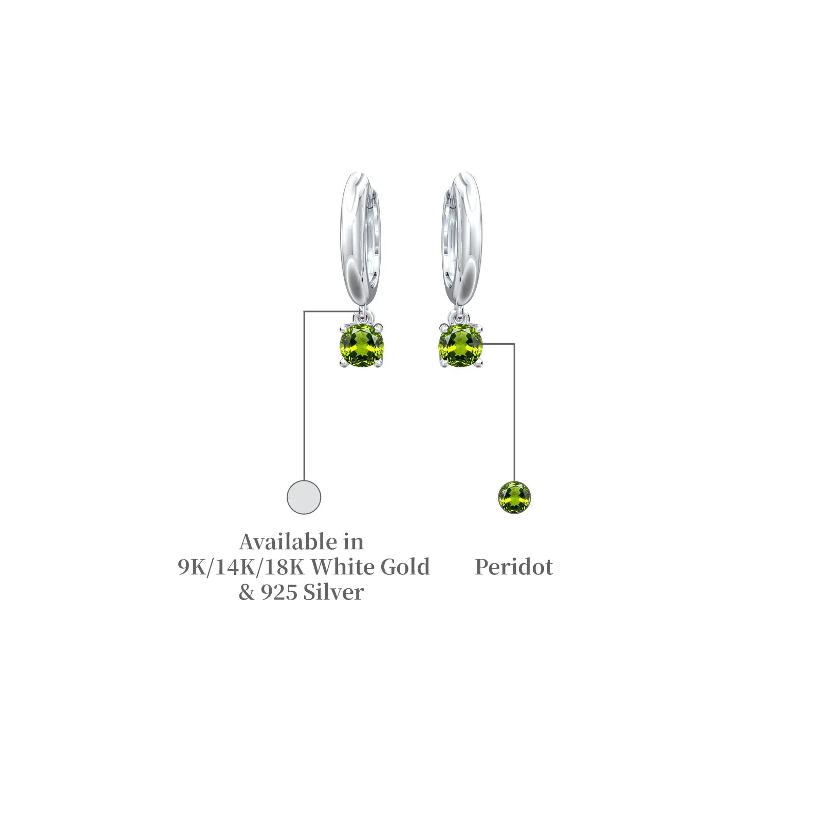 Details of August birthstone hoops with peridot drops