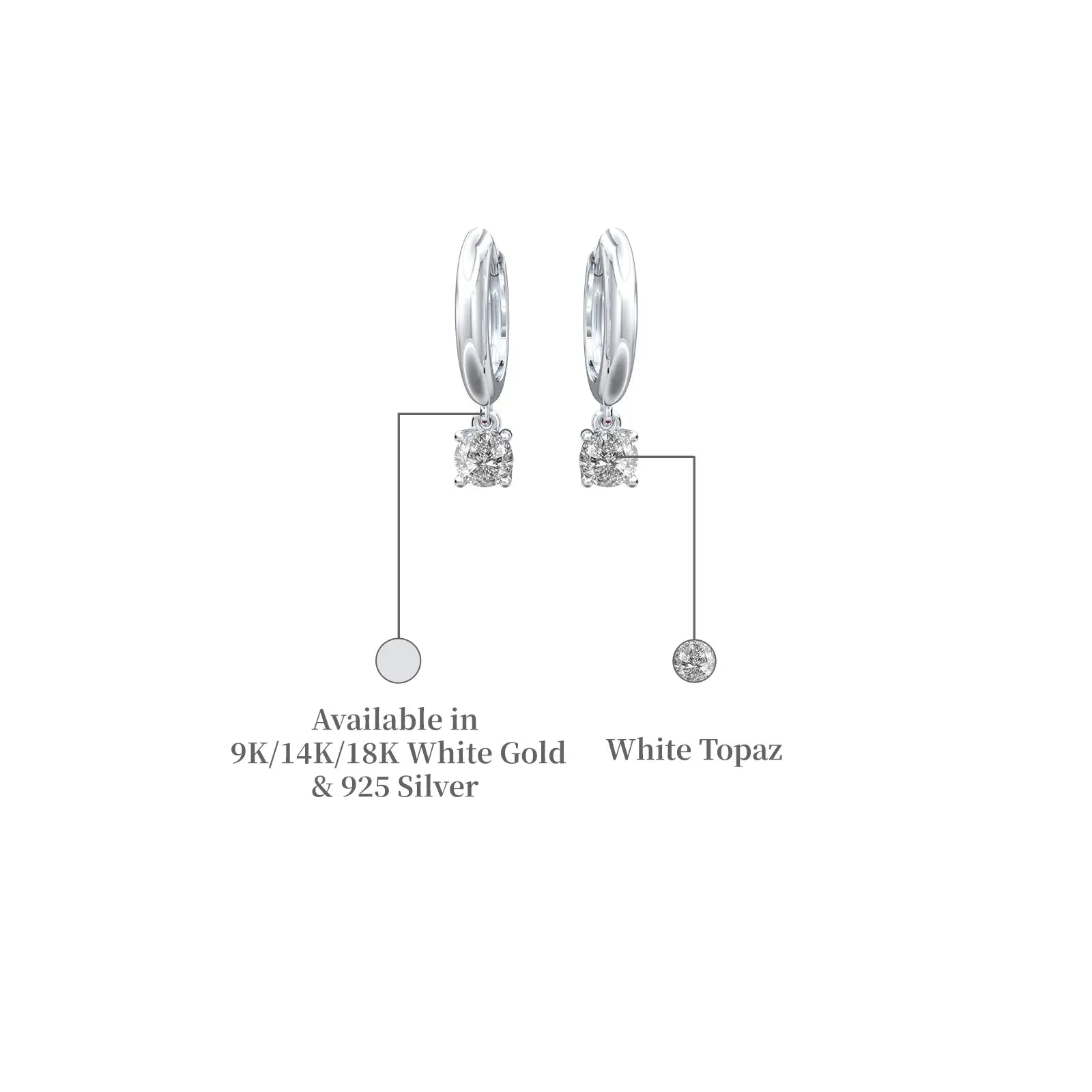 Descriptive detail of April birthstone hoops with white topaz drops