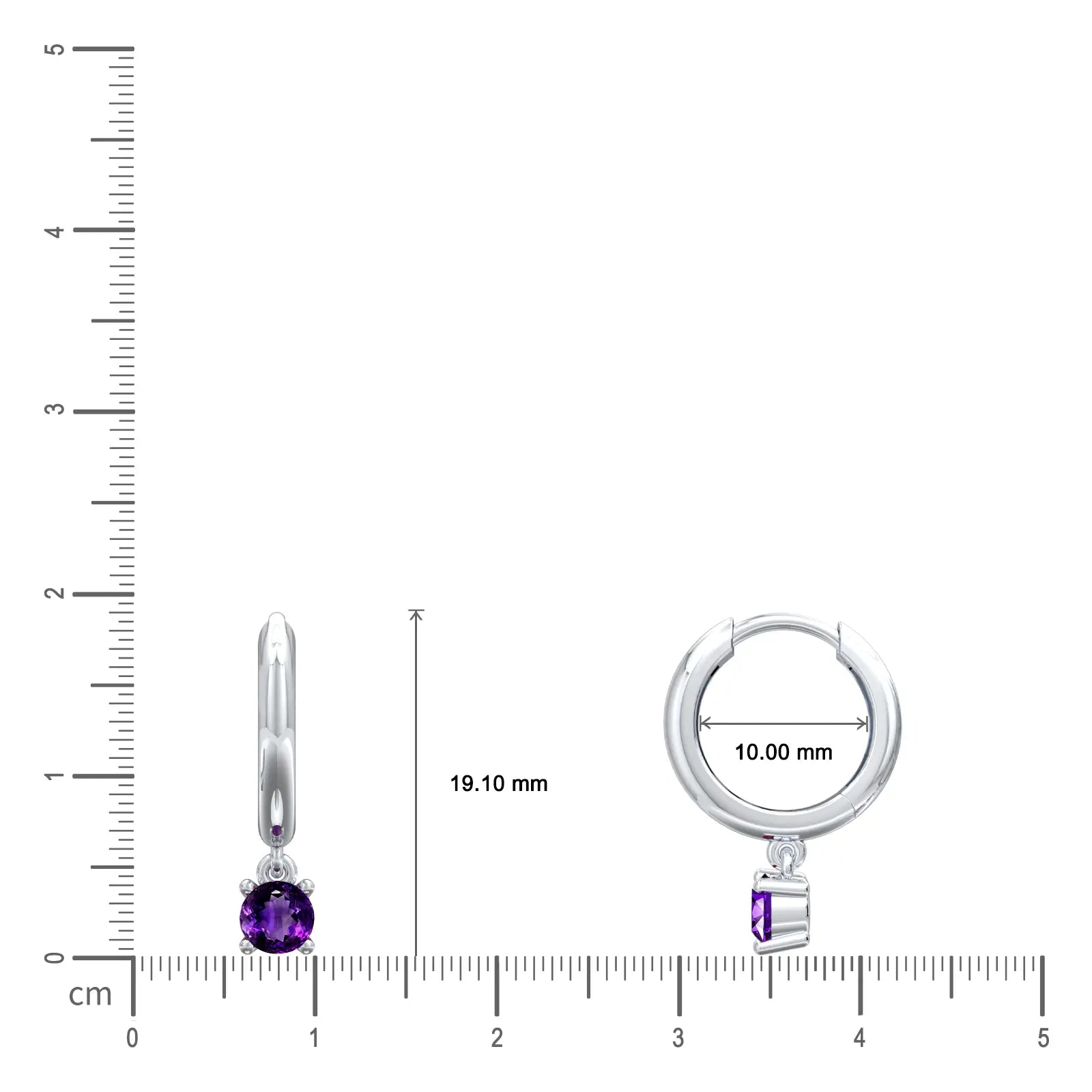 Dimension details of February birthstone hoops with amethyst drops, 10mm by Fortune
