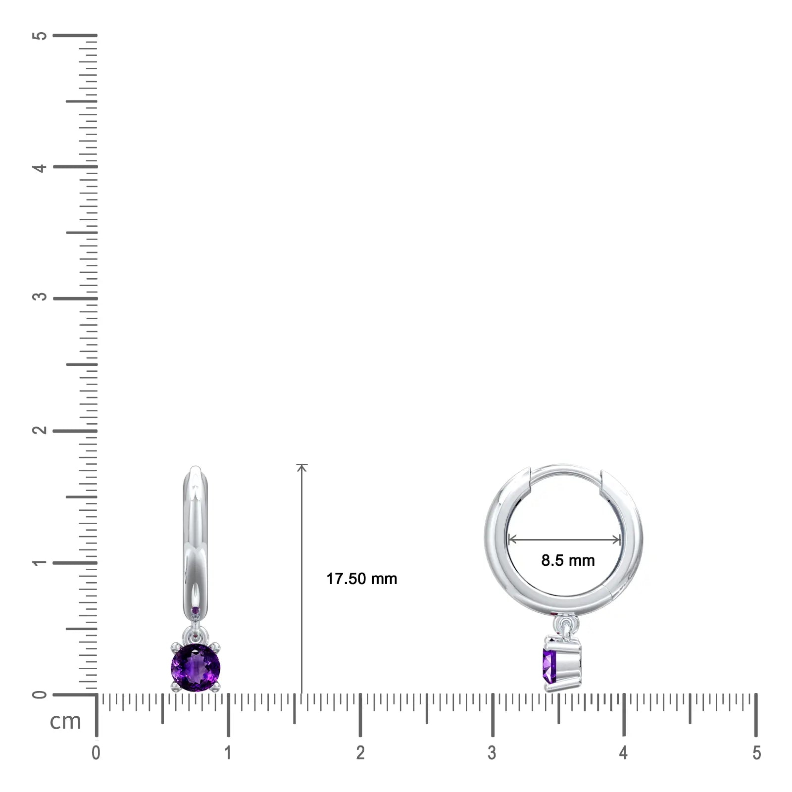 White gold dimension details of february birthstone hoops with amethyst drops 8.5 mm