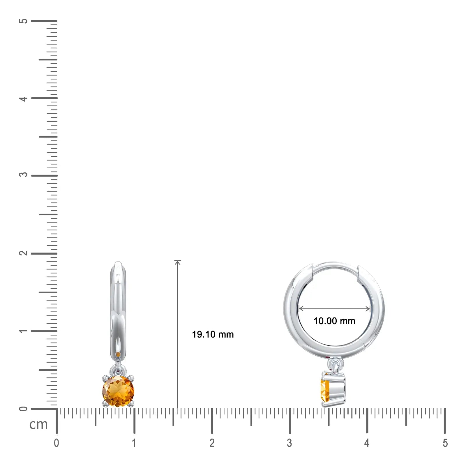 Dimension detail of white gold November birthstone hoops with citrine drops 10 mm