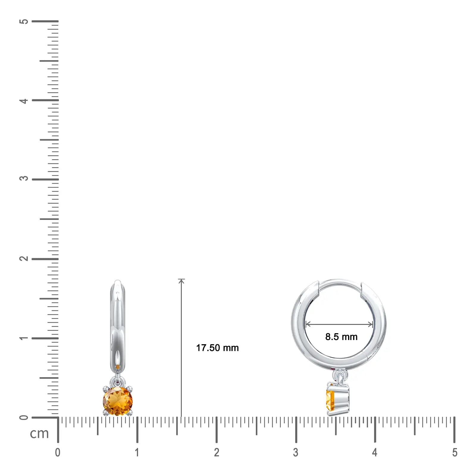 Dimension detail of white gold November birthstone hoops with citrine drops, 8.5 mm
