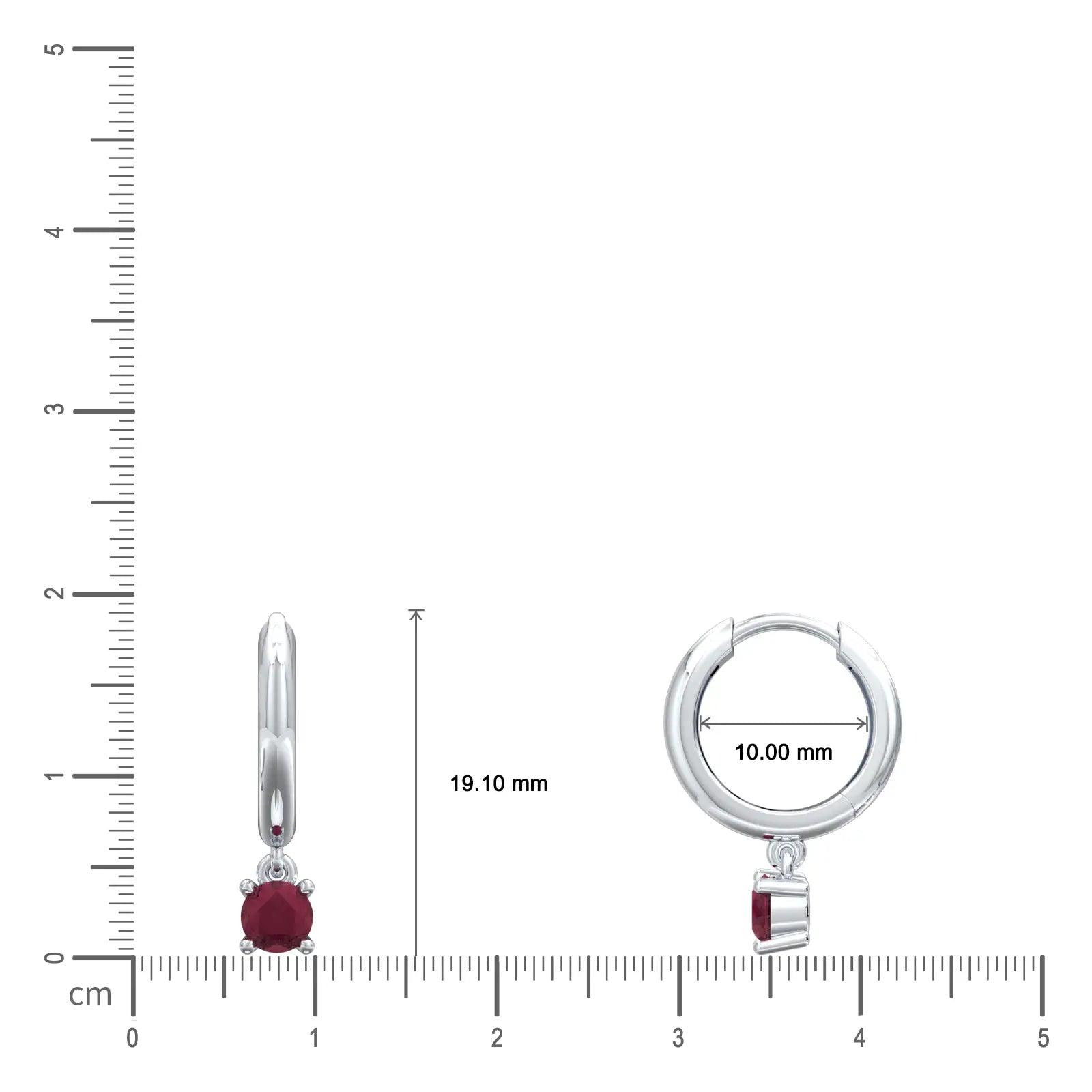 Dimension details of white gold january birthstone hoops with garnet drops 10 mm