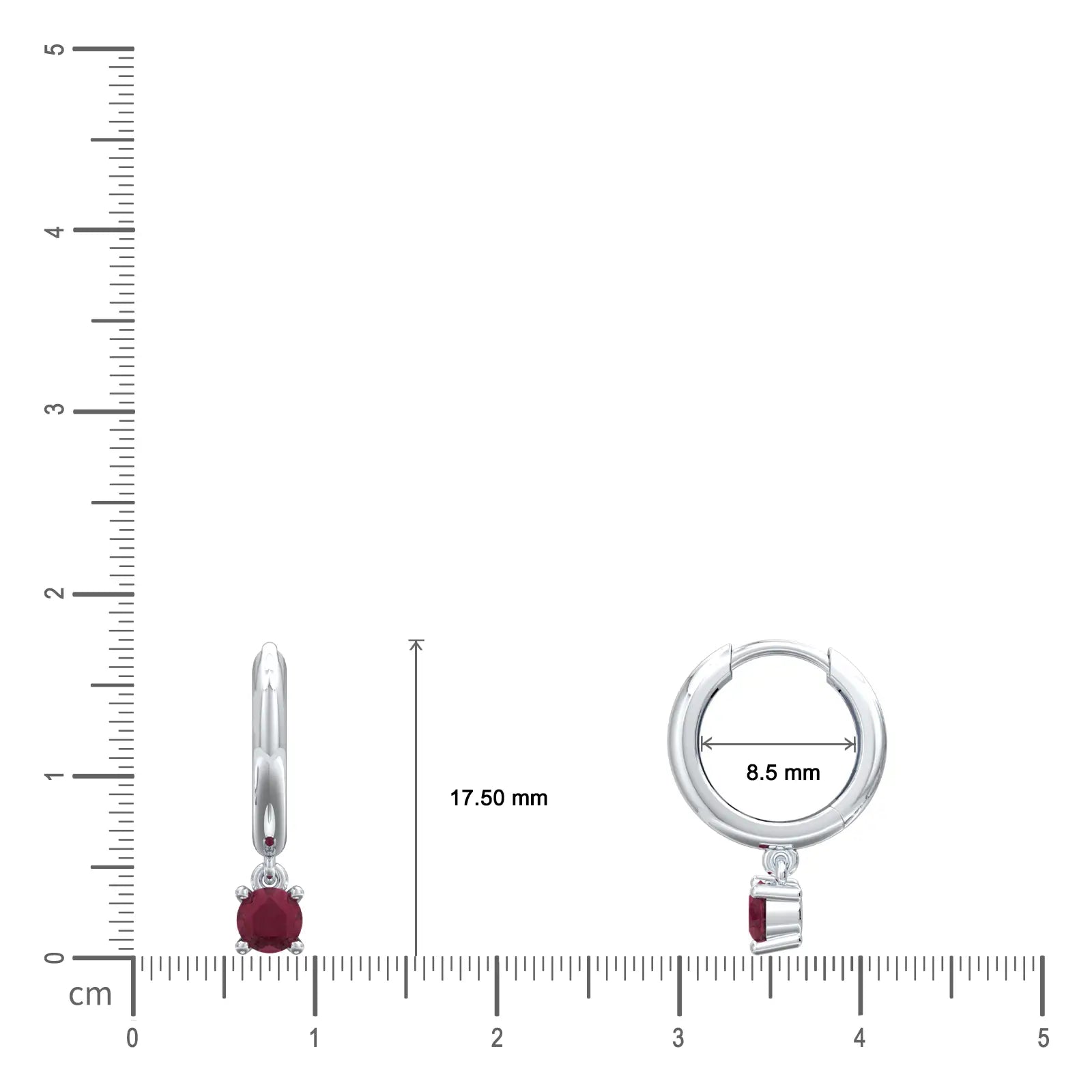Dimension details of white gold january birthstone hoops with garnet drops 8.5 mm