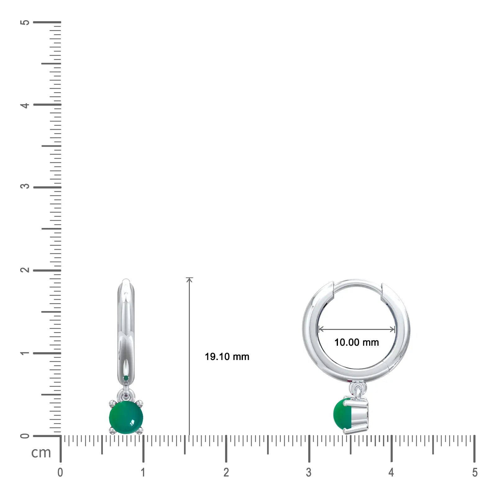 Dimension detail of may birthdstone hoops with green agate drops 10 mm