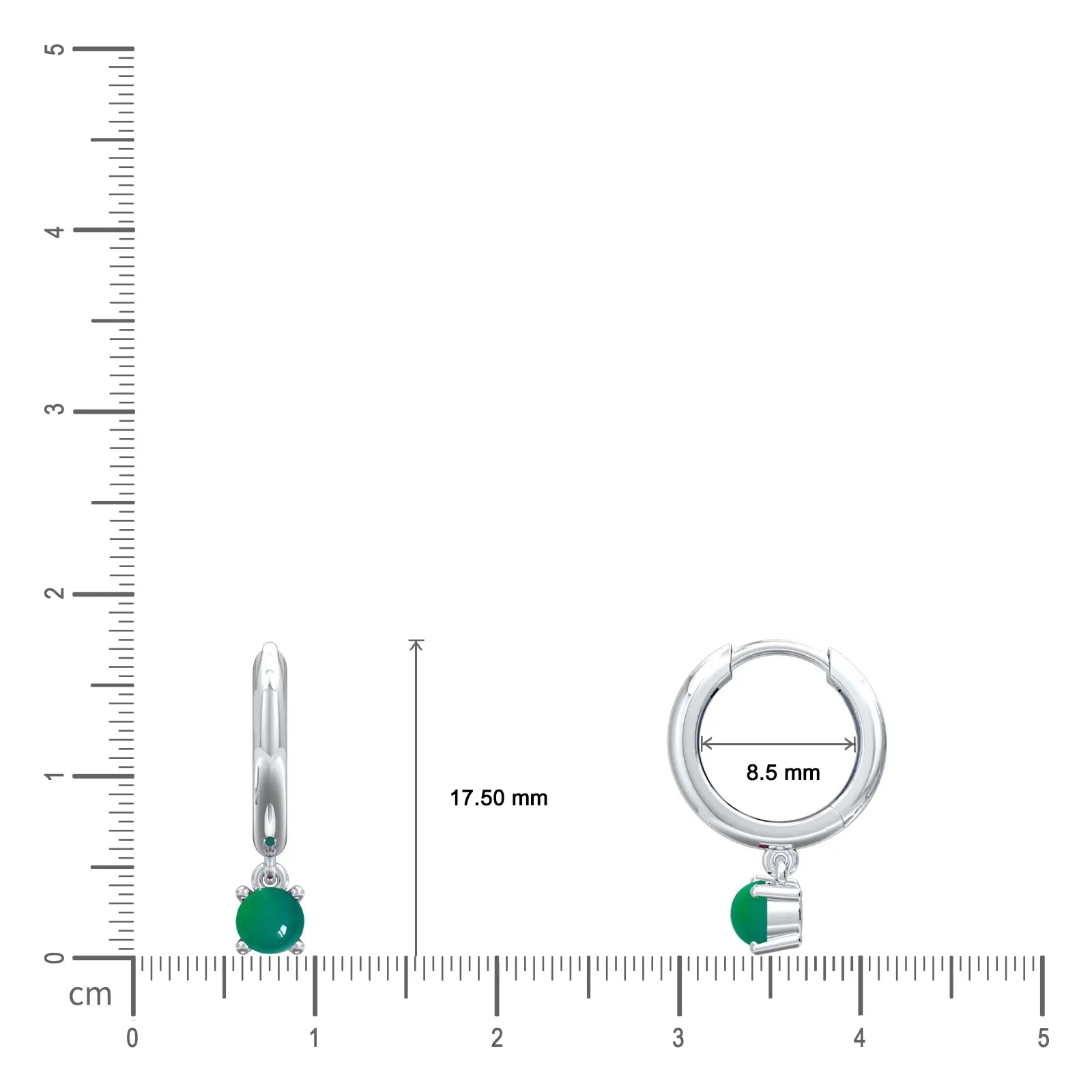 Dimension detail of white gold may birthdstone hoops with green agate drops 8.5 mm