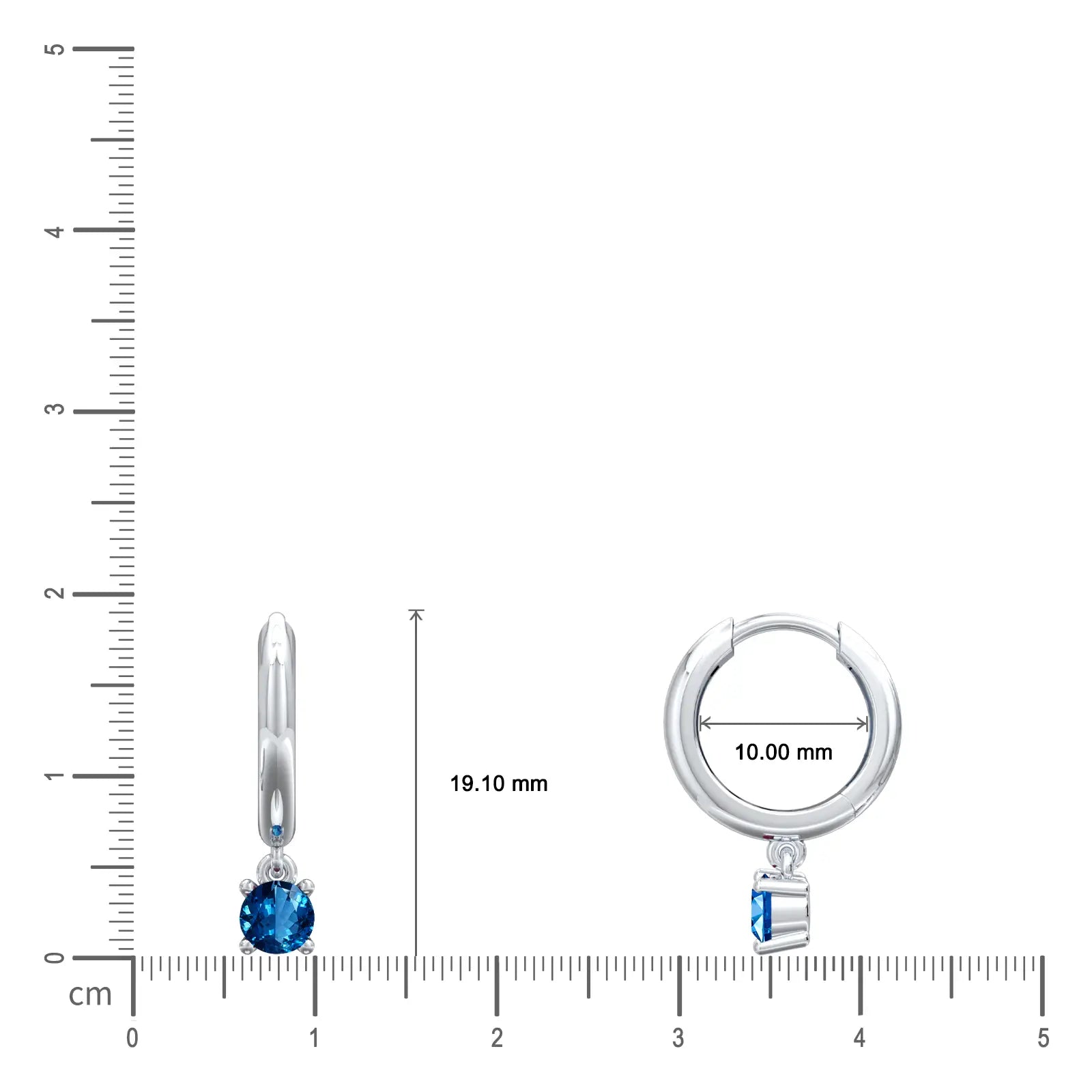 Dimension detail of September birthstone hoops with London blue topaz drops 10 mm
