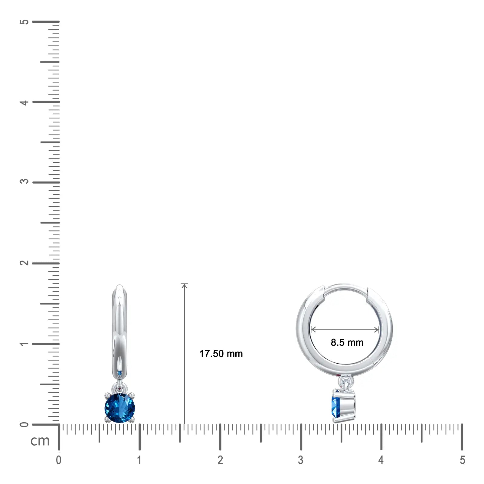 Dimension detail of September birthstone hoops with London blue topaz drops 8.5 mm