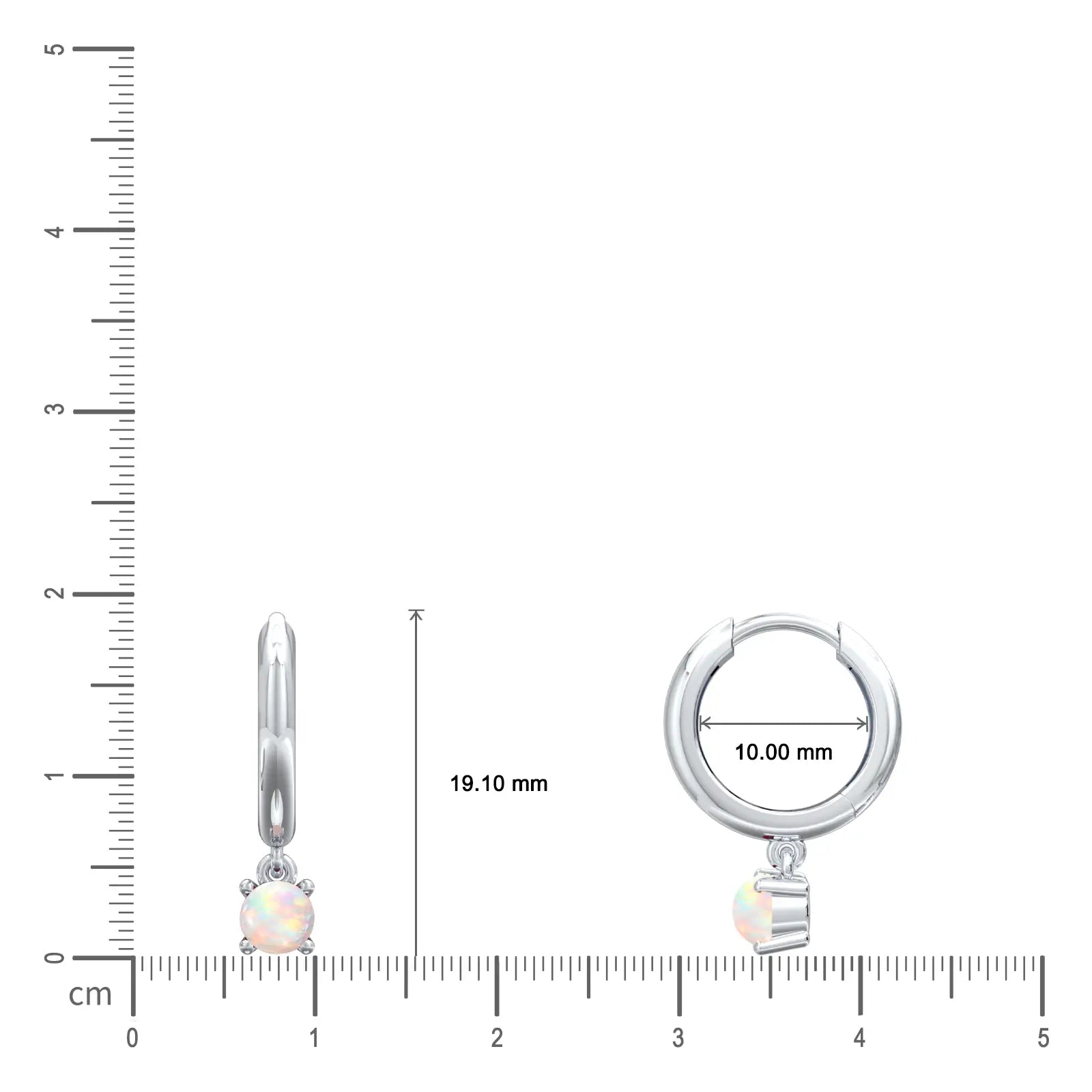 Dimensions of October birthstone hoops with opal drops 10 mm