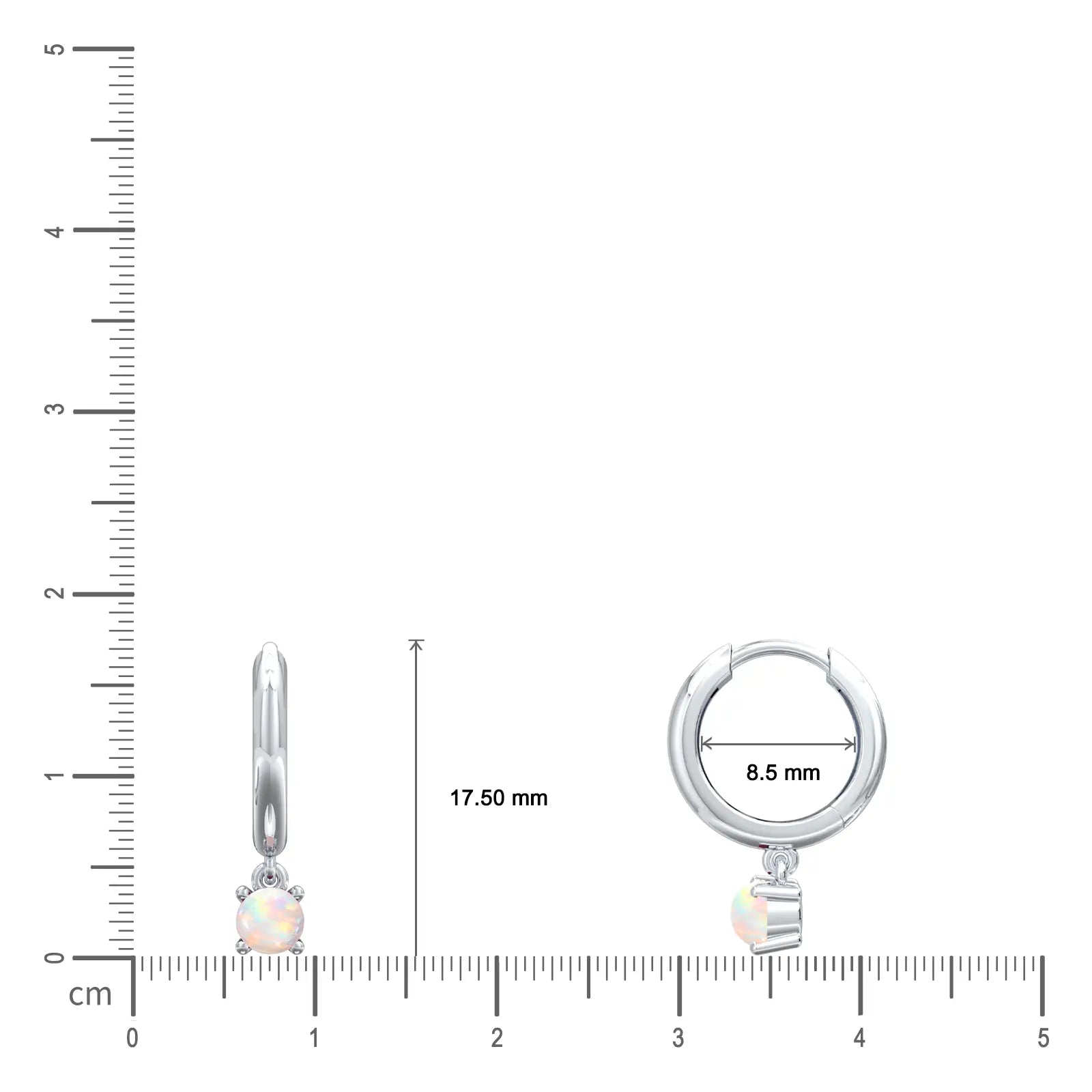 Dimension detail of white gold october birthstone hoops with opal drops 8.5 mm