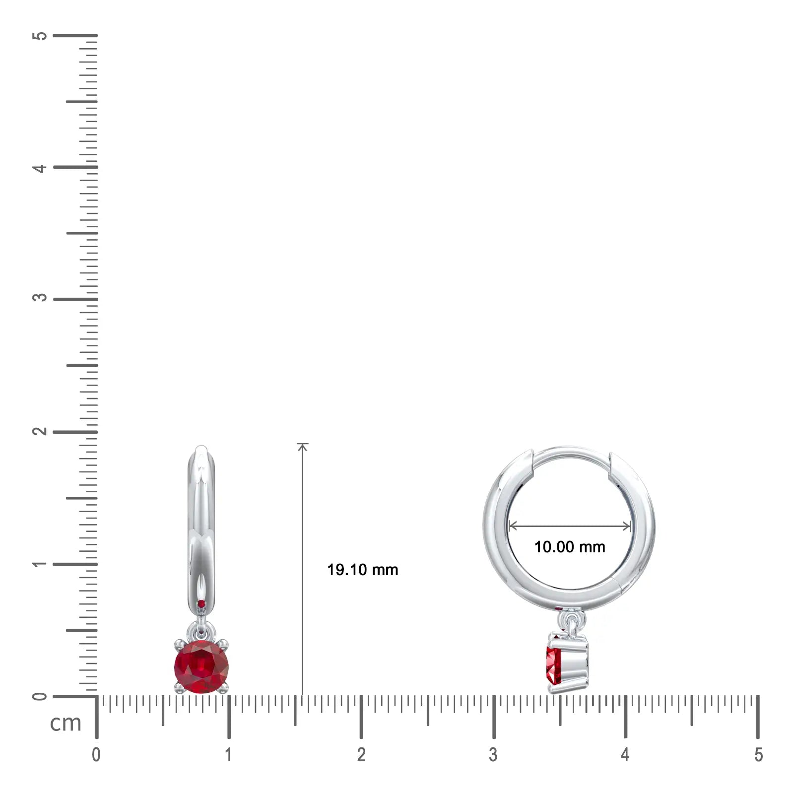 Dimension details of July birthstone hoops with opaque ruby drops 10 mm