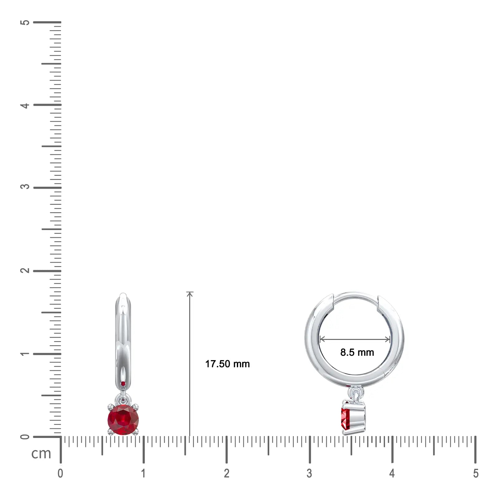 Dimension details of July birthstone earrings with opaque ruby drops 8.5 mm