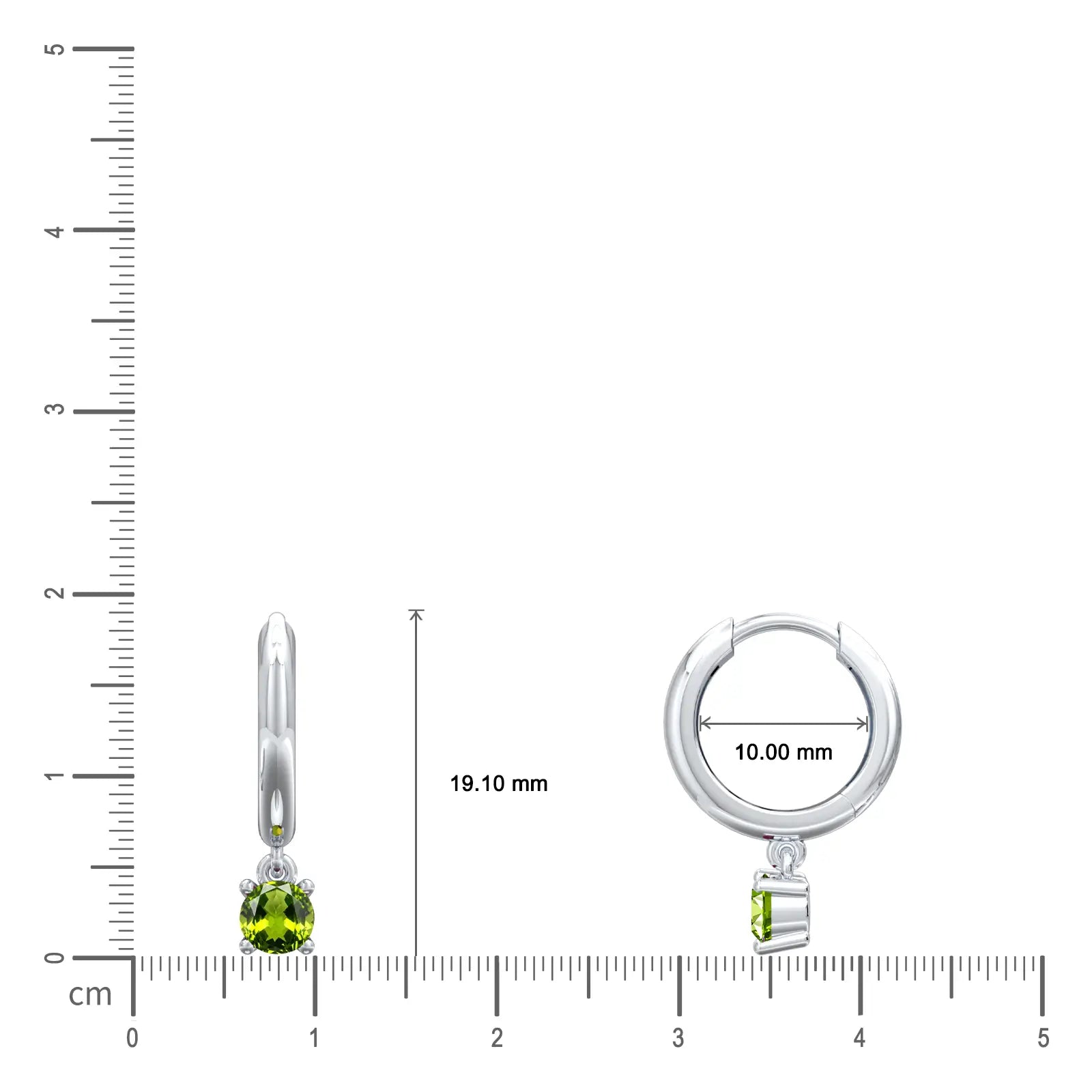 Dimension detail of August birthstone hoops with peridot drops 10 mm 