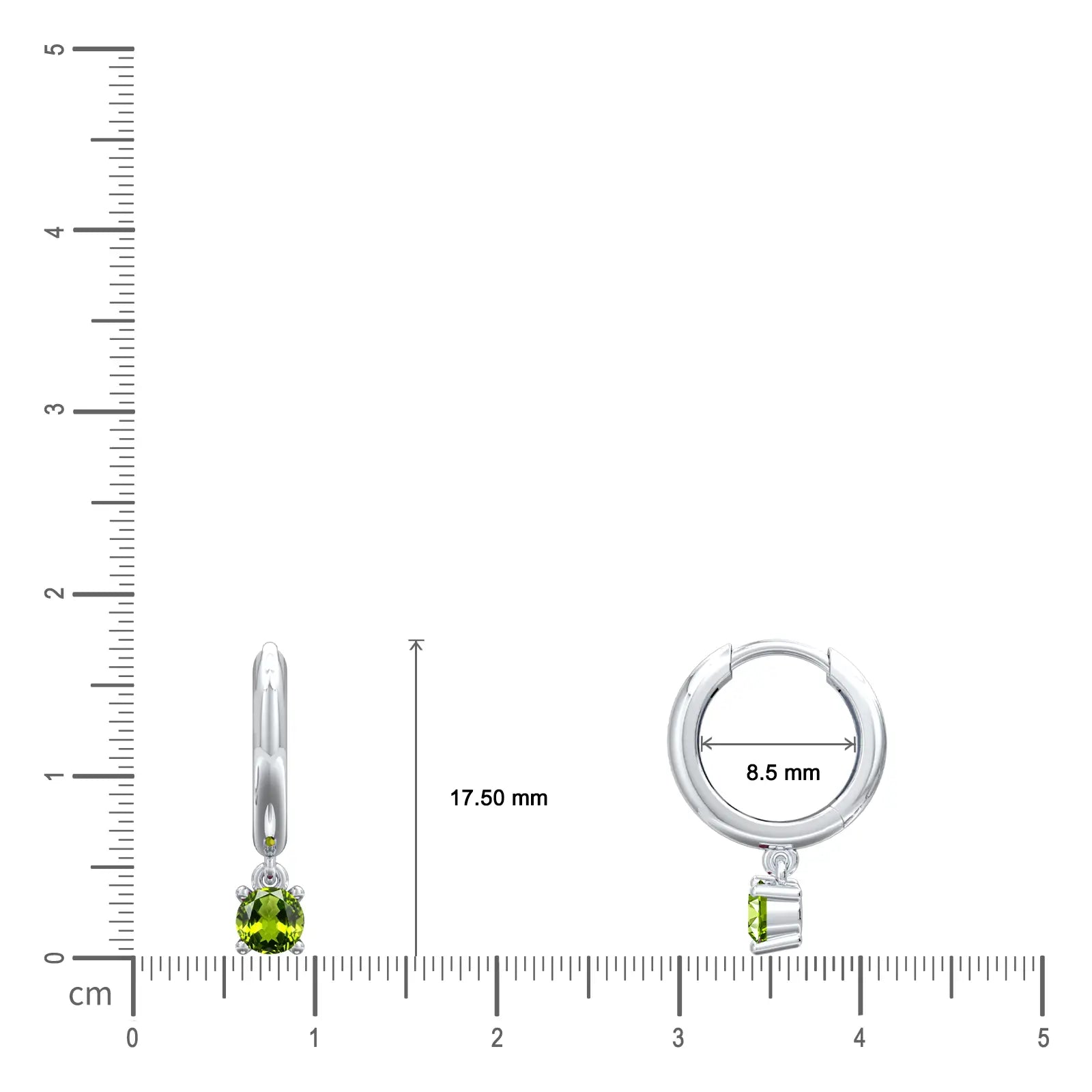 Dimension details of August birthstone hoops with peridot drops 8.5 mm