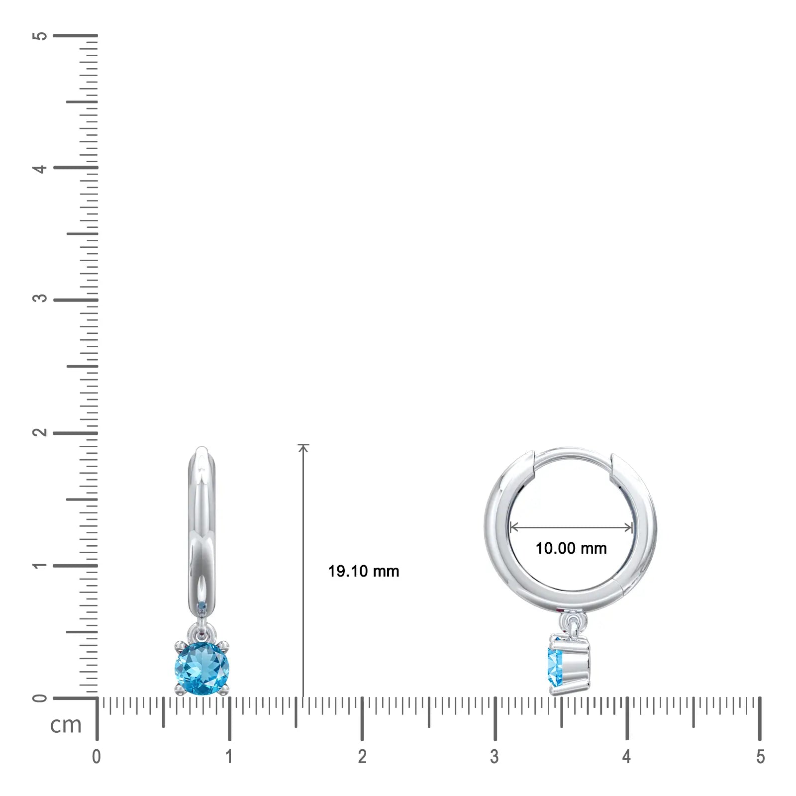 Dimension details of March birthstone hoops with Swiss blue topaz drops, 10 mm by Fortune Jewellery