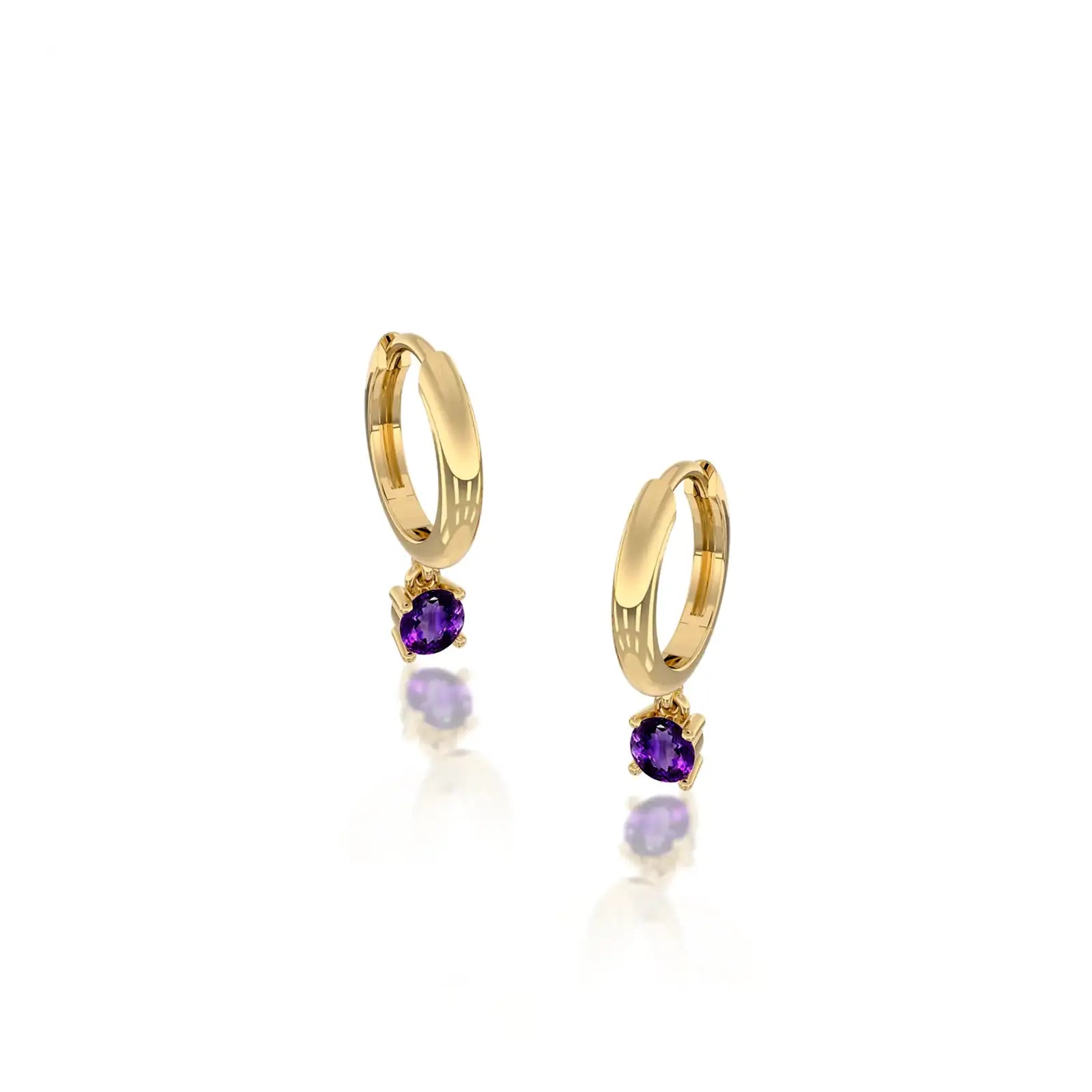 Unique gold February birthstone hoops with amethyst drops 8.50 mm
