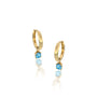 Trendy yellow gold march birthstone hoops with swiss blue topaz drops 8.50 mm