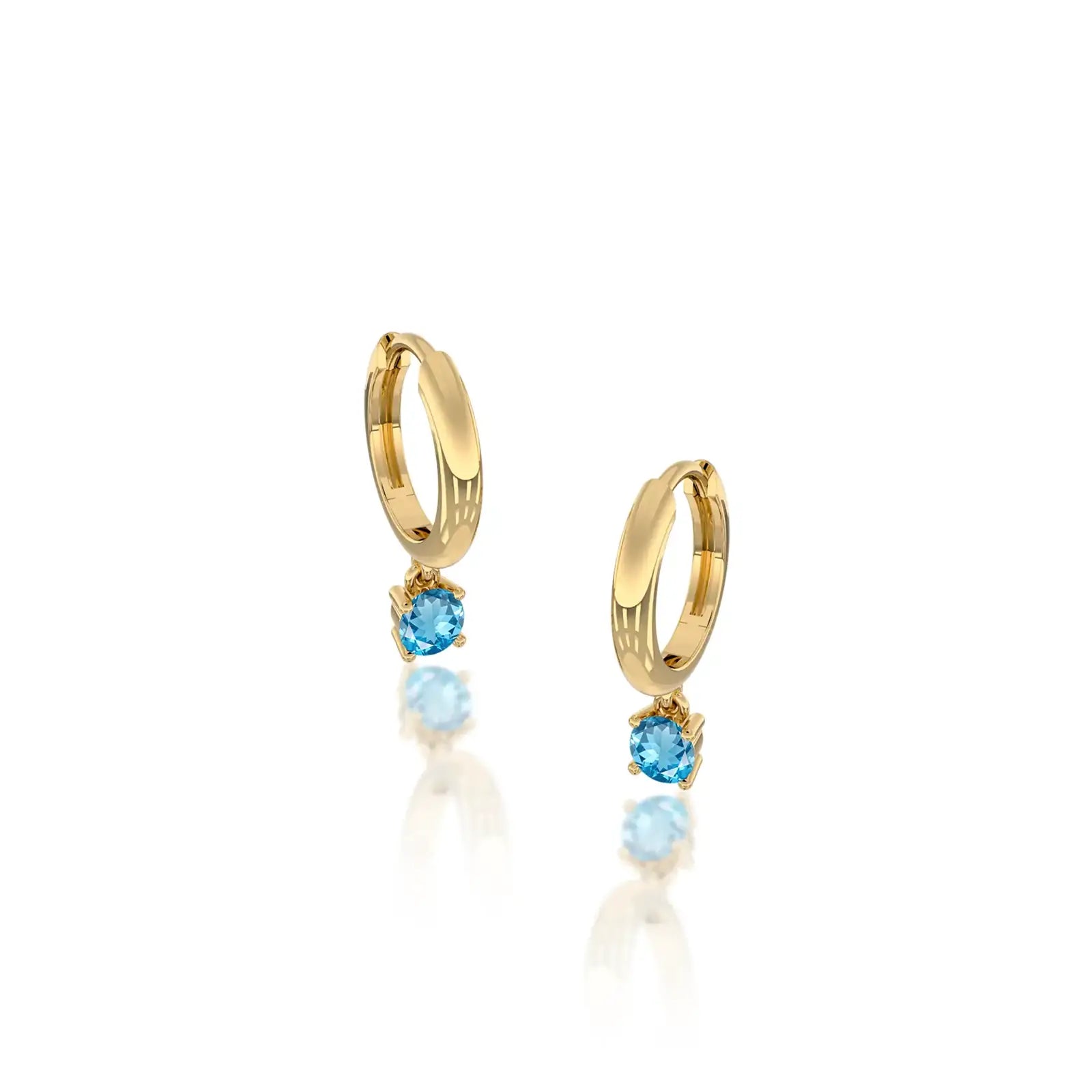 Trendy yellow gold march birthstone hoops with swiss blue topaz drops 8.50 mm
