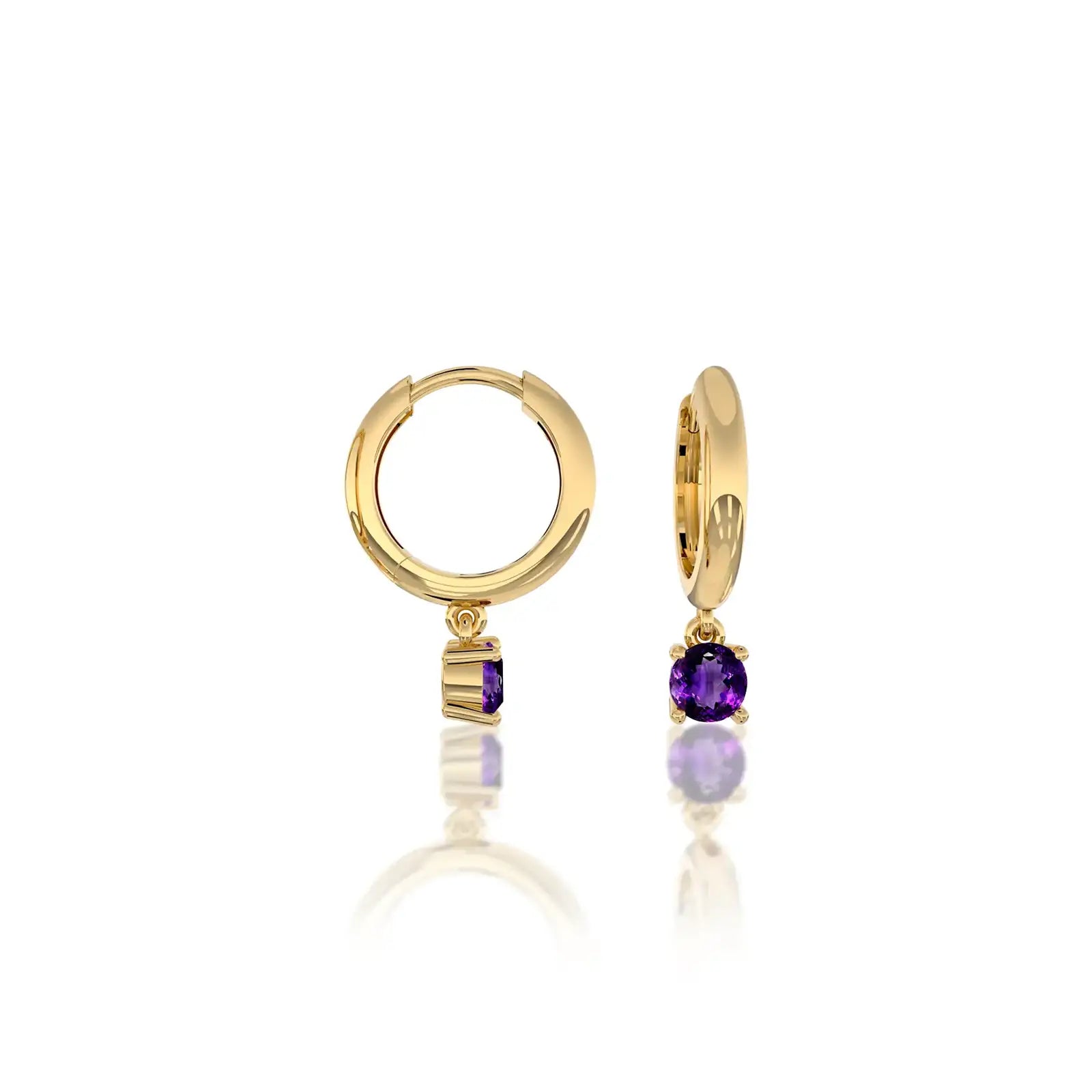 Fortune yellow gold february birthstone hoops with amethyst drops 8.50 mm