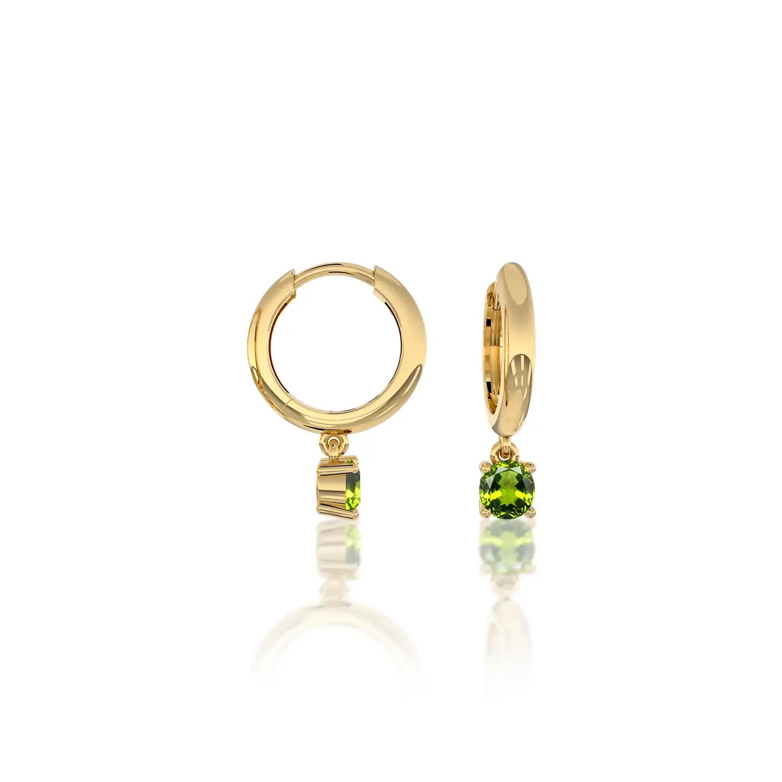 Side view of August birthstone hoops with peridot drops 8.50 mm