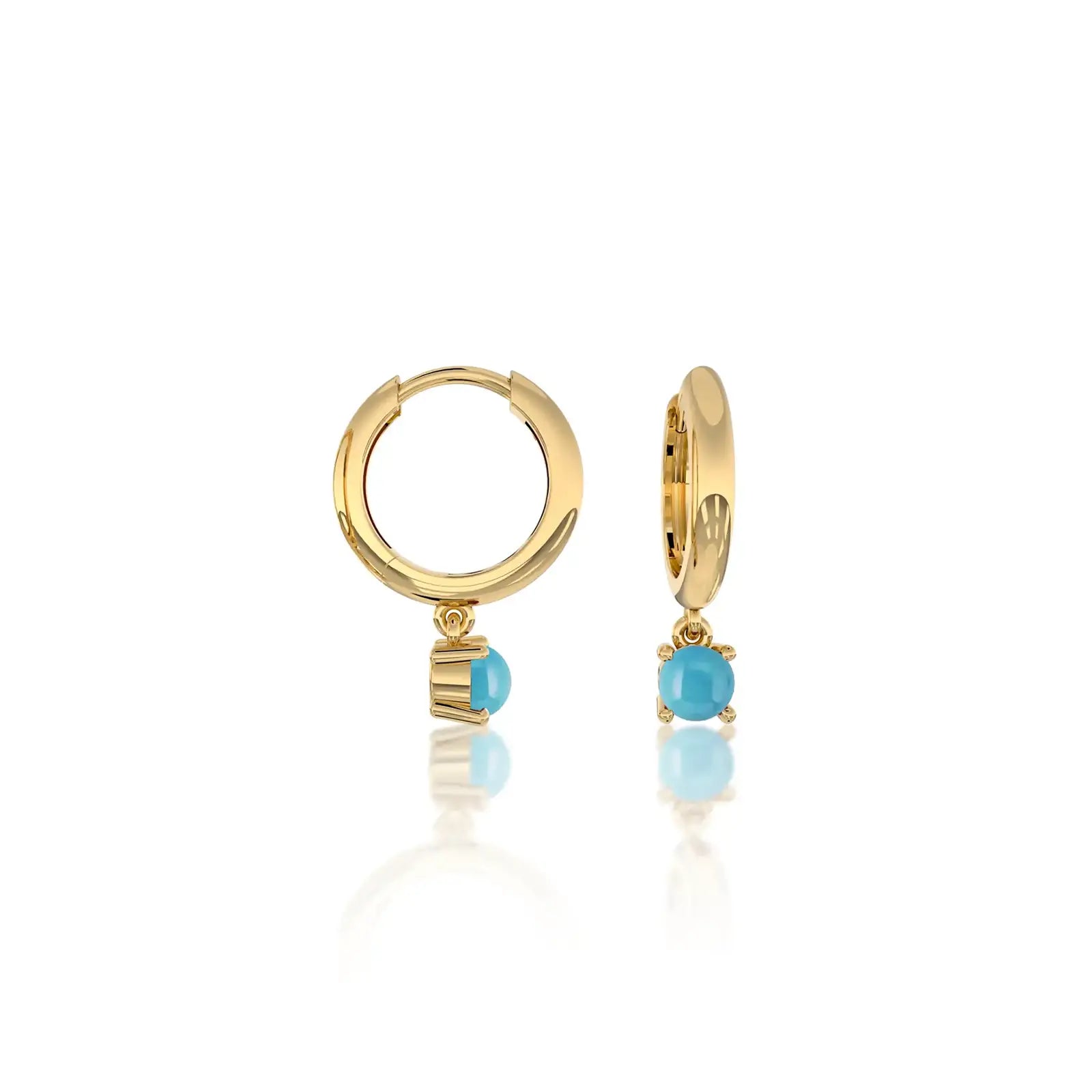 Unique yellow gold trendy December birthstone hoops with turquoise drops 8.50 mm