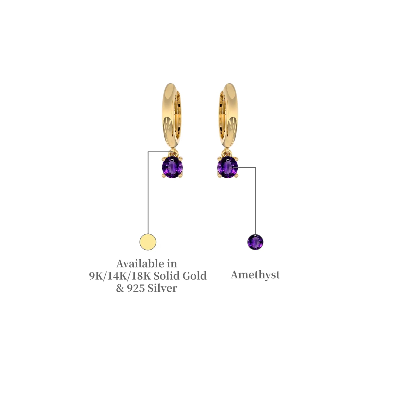 Descriptive image of February birthstone hoops with amethyst drops