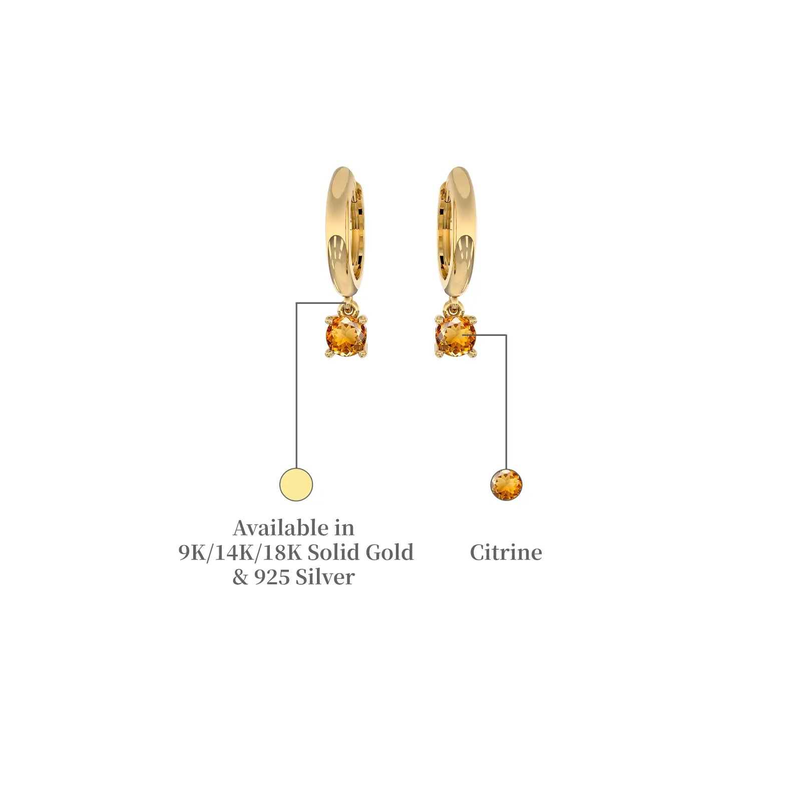 Descriptive detail of yellow gold November birthstone hoops with citrine drops